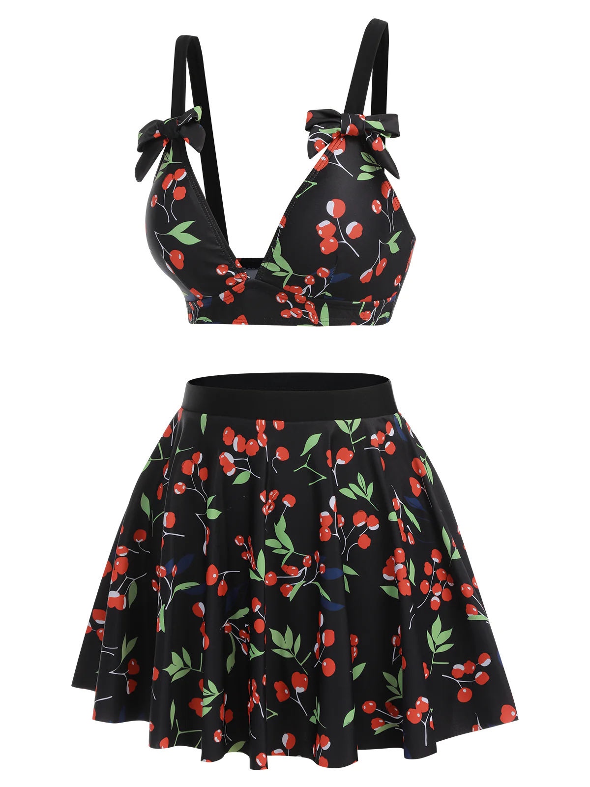 Black 1950s Cherry Bow V-Neck Swimsuit - Image 5