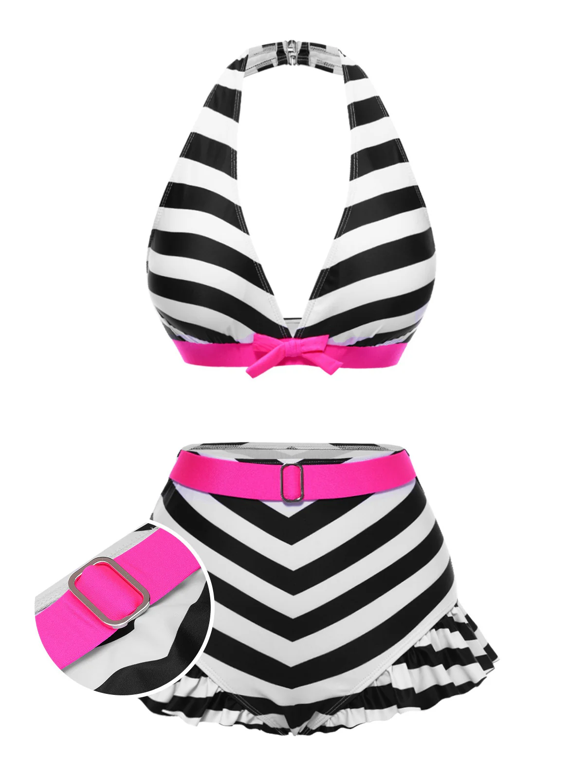 Rainbow 1950s Contrast Bow Ruffle Stripes Bikini - Image 3