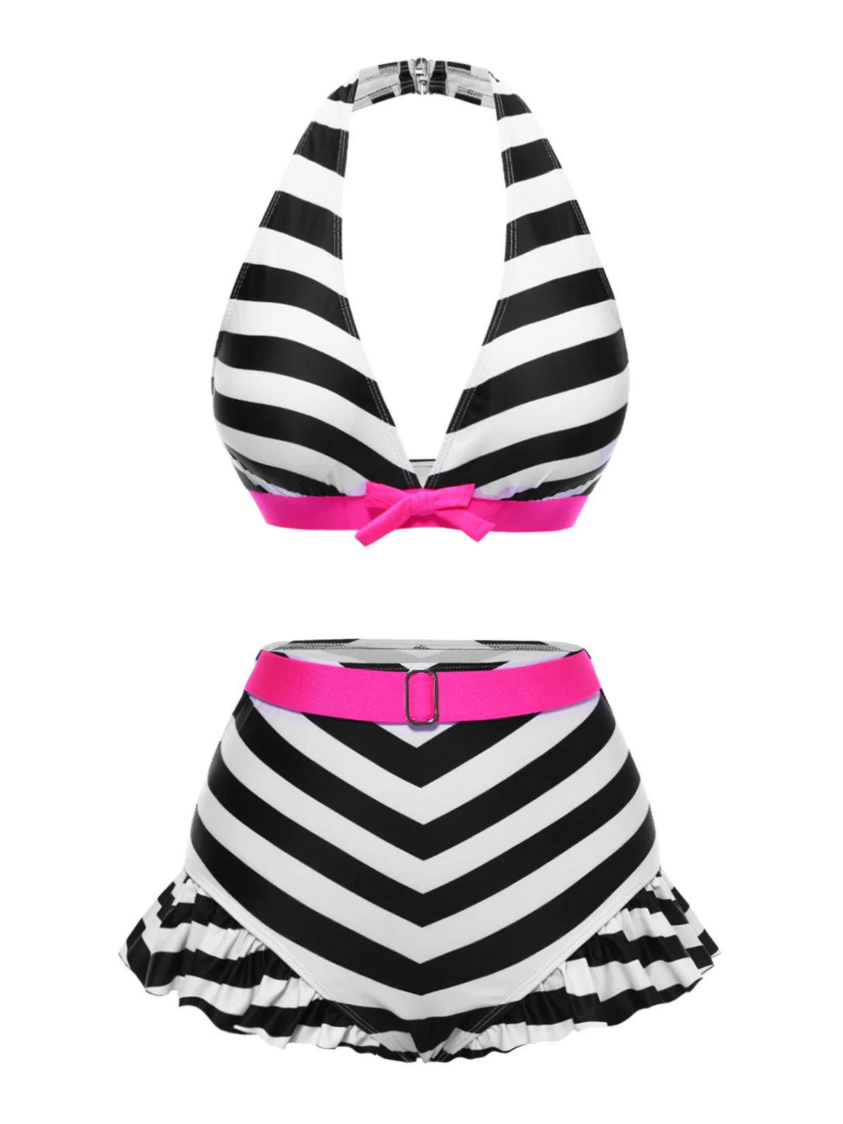 Rainbow 1950s Contrast Bow Ruffle Stripes Bikini - Image 4