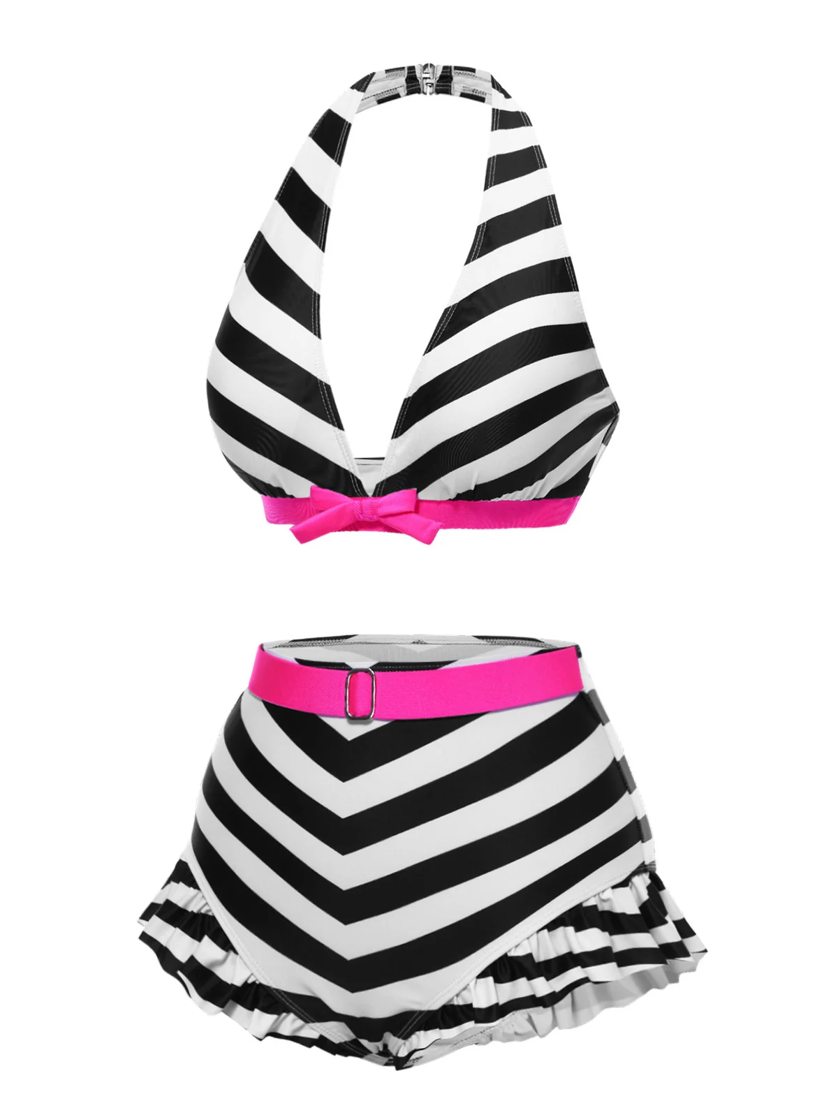 Rainbow 1950s Contrast Bow Ruffle Stripes Bikini - Image 5