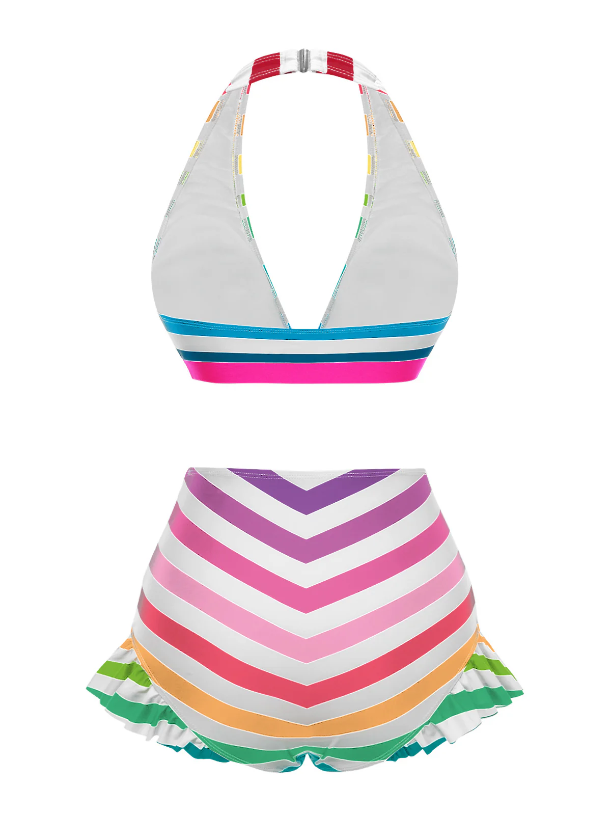 Rainbow 1950s Contrast Bow Ruffle Stripes Bikini - Image 2