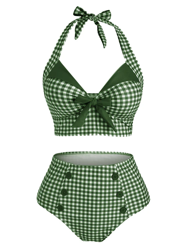 Black 1950s Gingham Halter Bowknot Bikini Set - Image 3