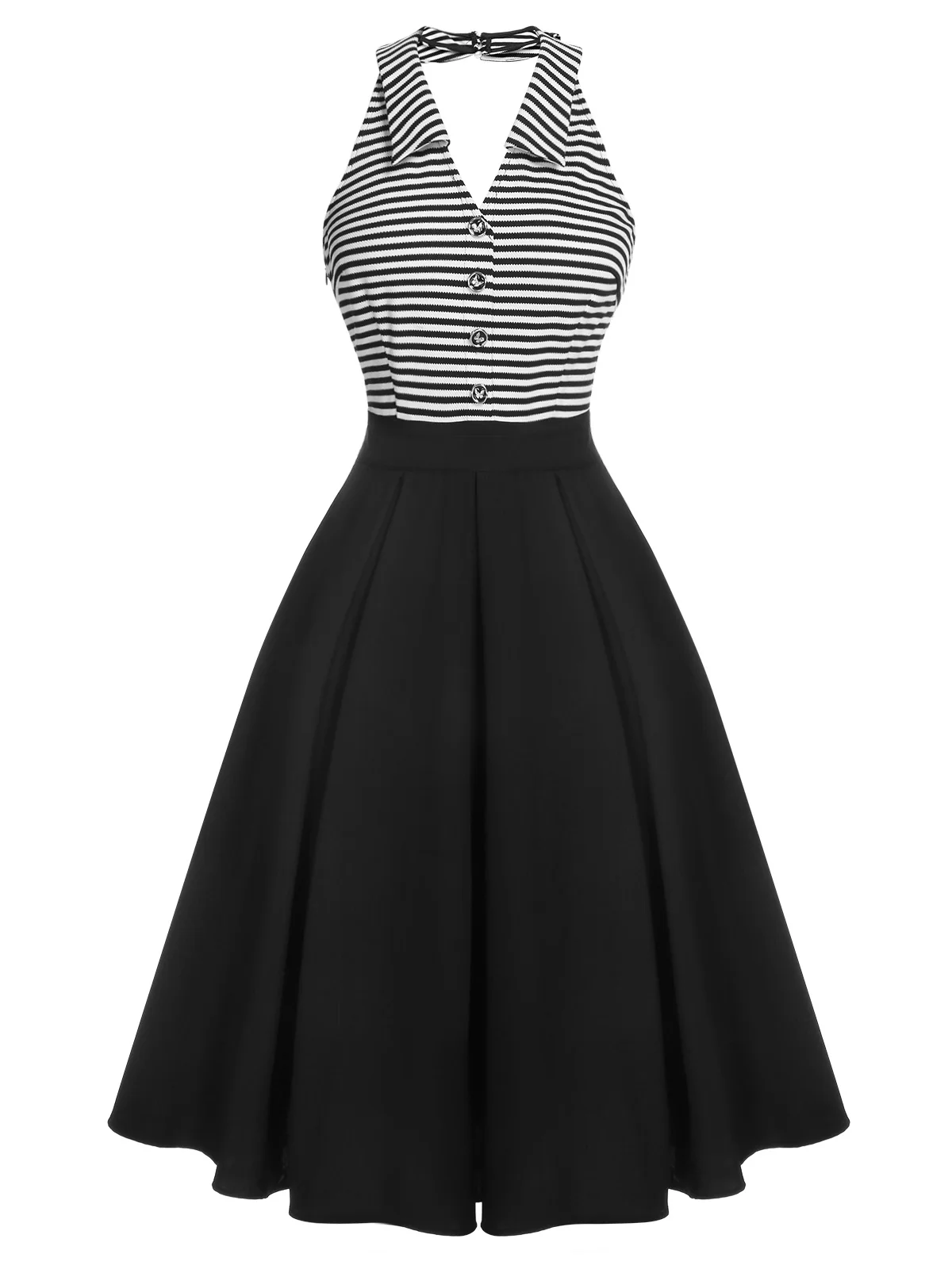 Black 1950s Stripe Lapel Halter Patchwork Dress - Image 2