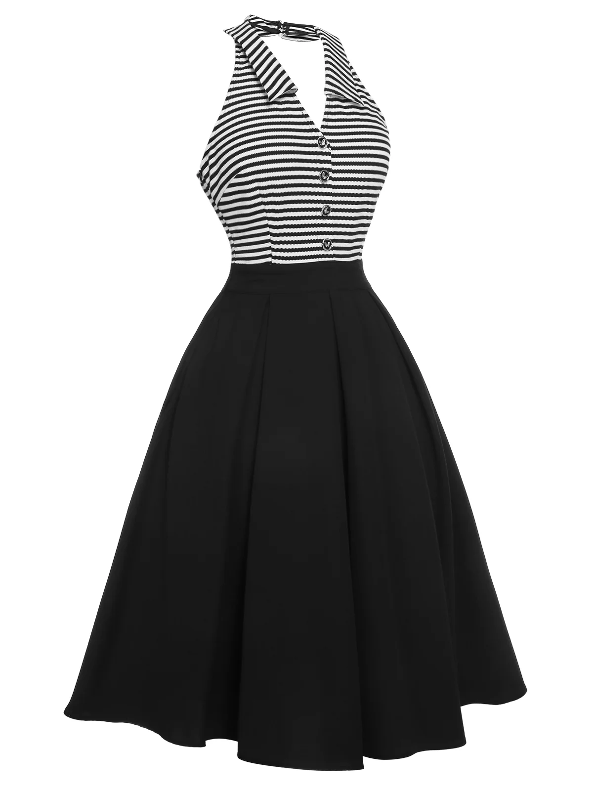 Black 1950s Stripe Lapel Halter Patchwork Dress - Image 3