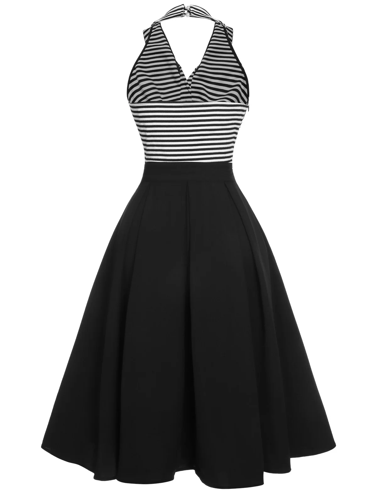 Black 1950s Stripe Lapel Halter Patchwork Dress - Image 4