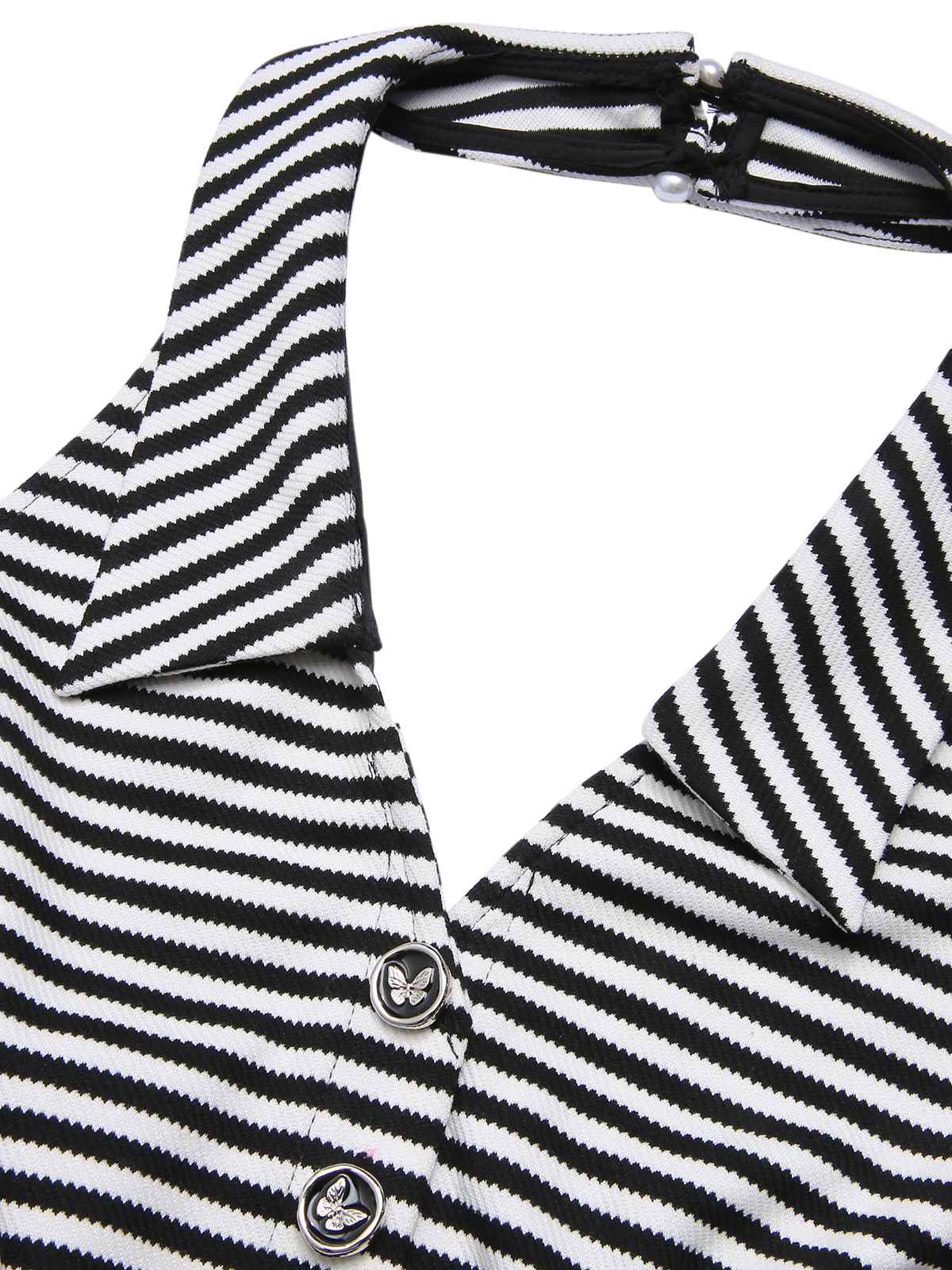 Black 1950s Stripe Lapel Halter Patchwork Dress - Image 5