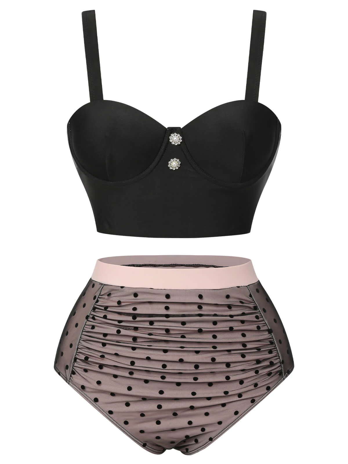 Black 1960s Polka Dots Mesh Swimsuit - Image 2