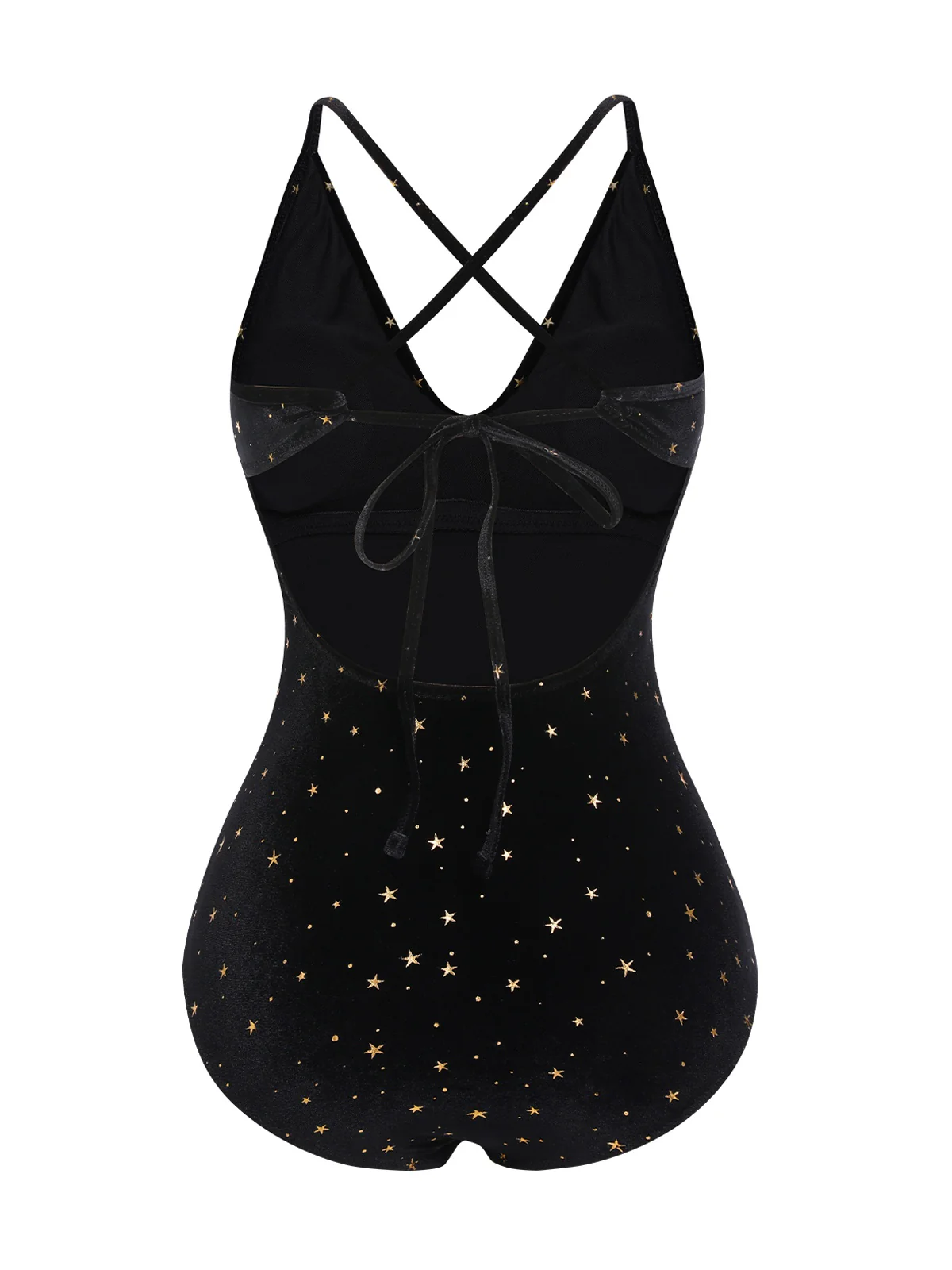 [US Warehouse] Black 1960s Velvet Back Cross Straps Swimsuit - Image 2