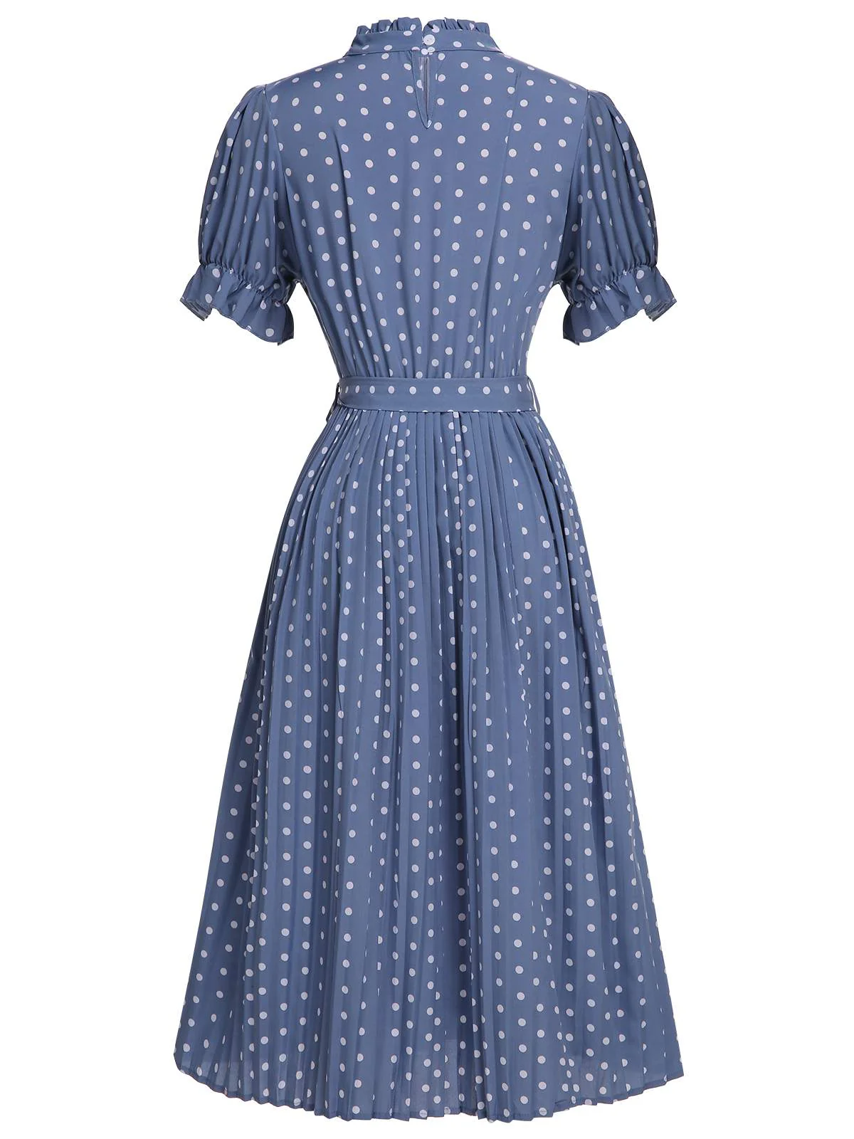[US Warehouse] Blue 1930s Polka Dots Bow Tie Pleated Dress - Image 2
