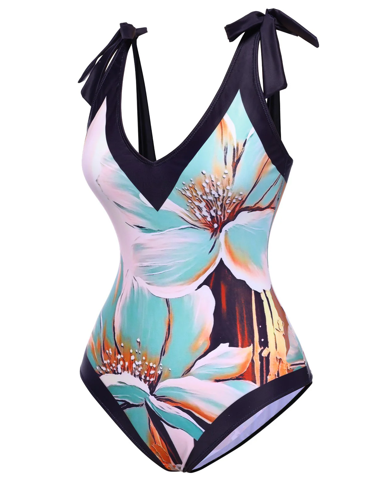 [US Warehouse] Blue 1950s Floral Patchwork Shoulder Tie Swimsuit - Image 2