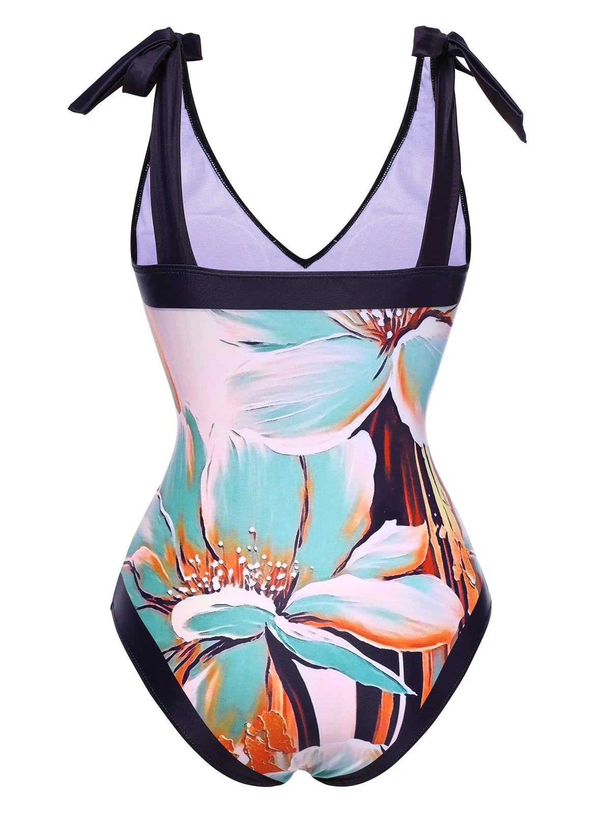 [US Warehouse] Blue 1950s Floral Patchwork Shoulder Tie Swimsuit - Image 3