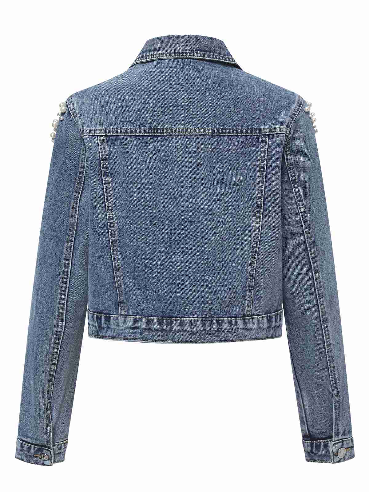 Blue 1950s Lapel Pearls Denim Short Coat - Image 2