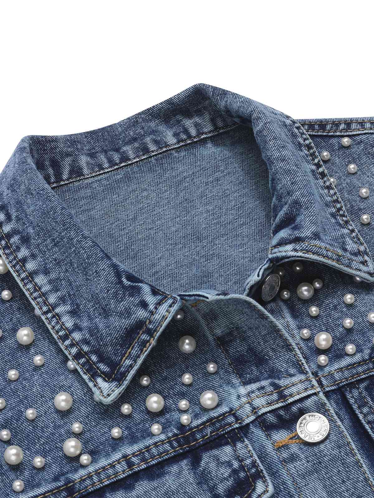 Blue 1950s Lapel Pearls Denim Short Coat - Image 3