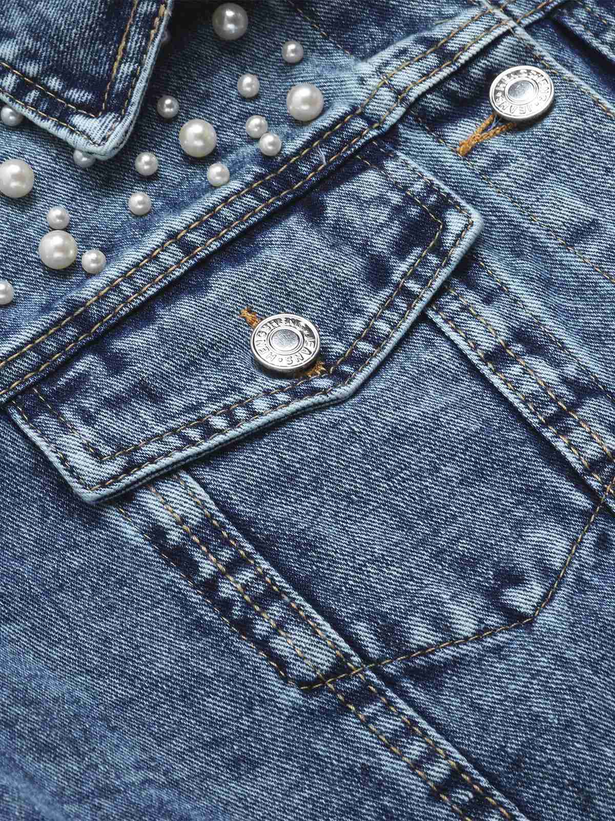 Blue 1950s Lapel Pearls Denim Short Coat - Image 4