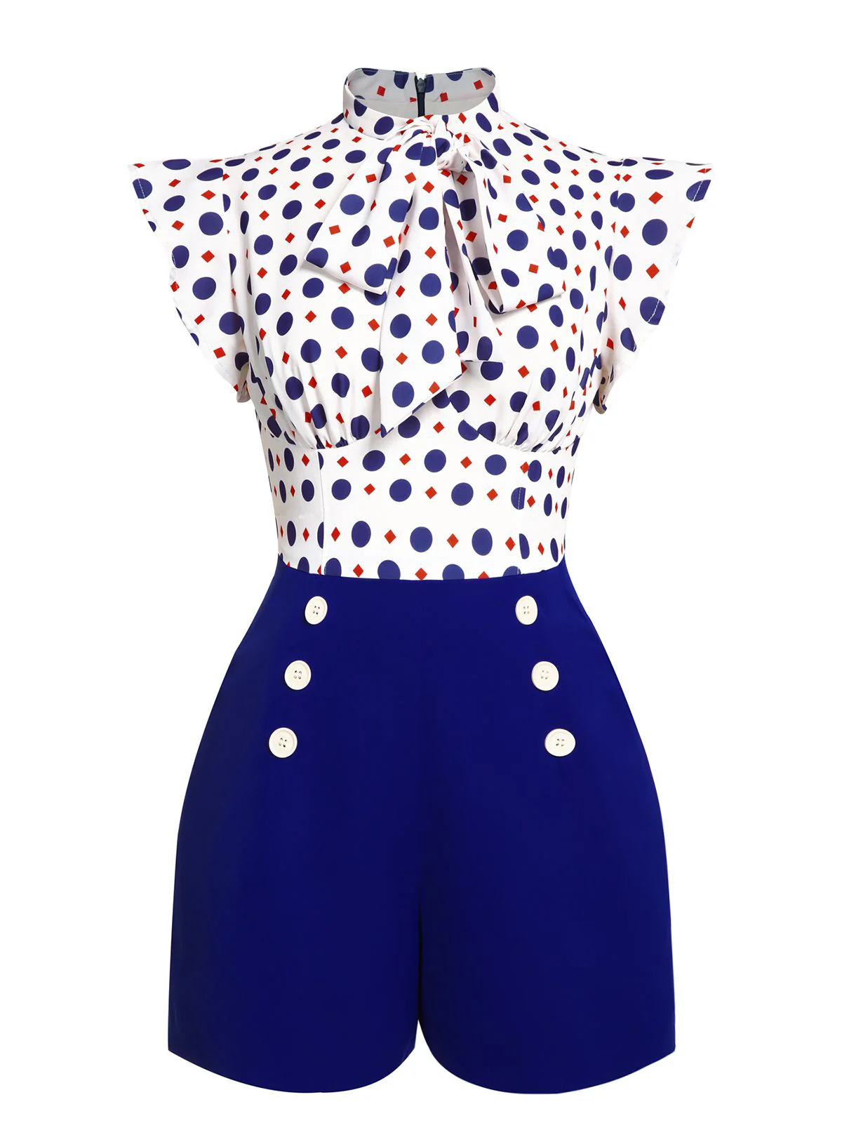 [US Warehouse] Blue 1950s Polka Dot Buttoned Romper - Image 2