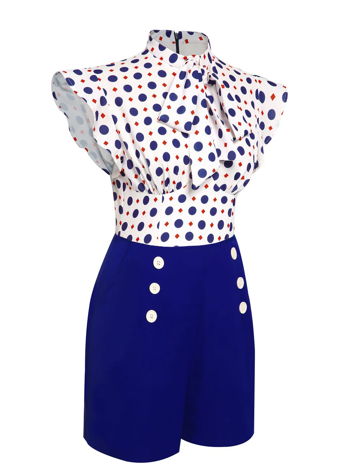 [US Warehouse] Blue 1950s Polka Dot Buttoned Romper - Image 3