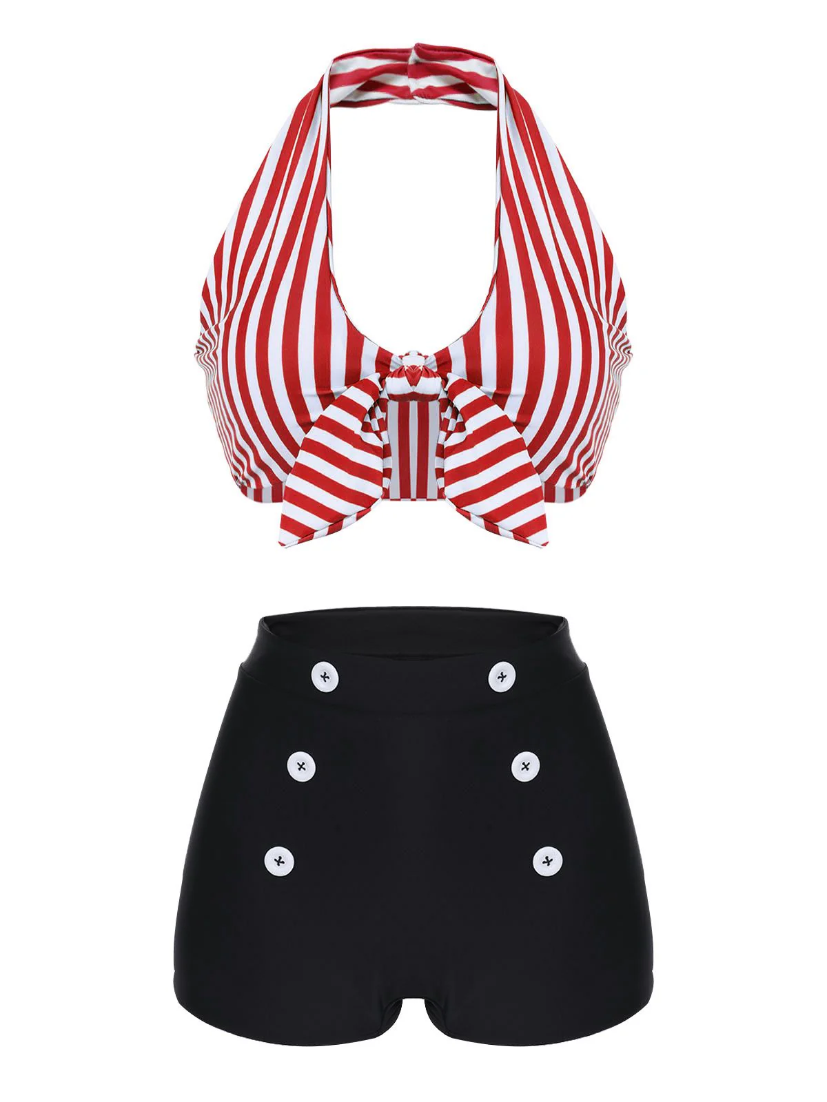 Blue 1950s Retro Halter Stripes Bikini Set - Image 3