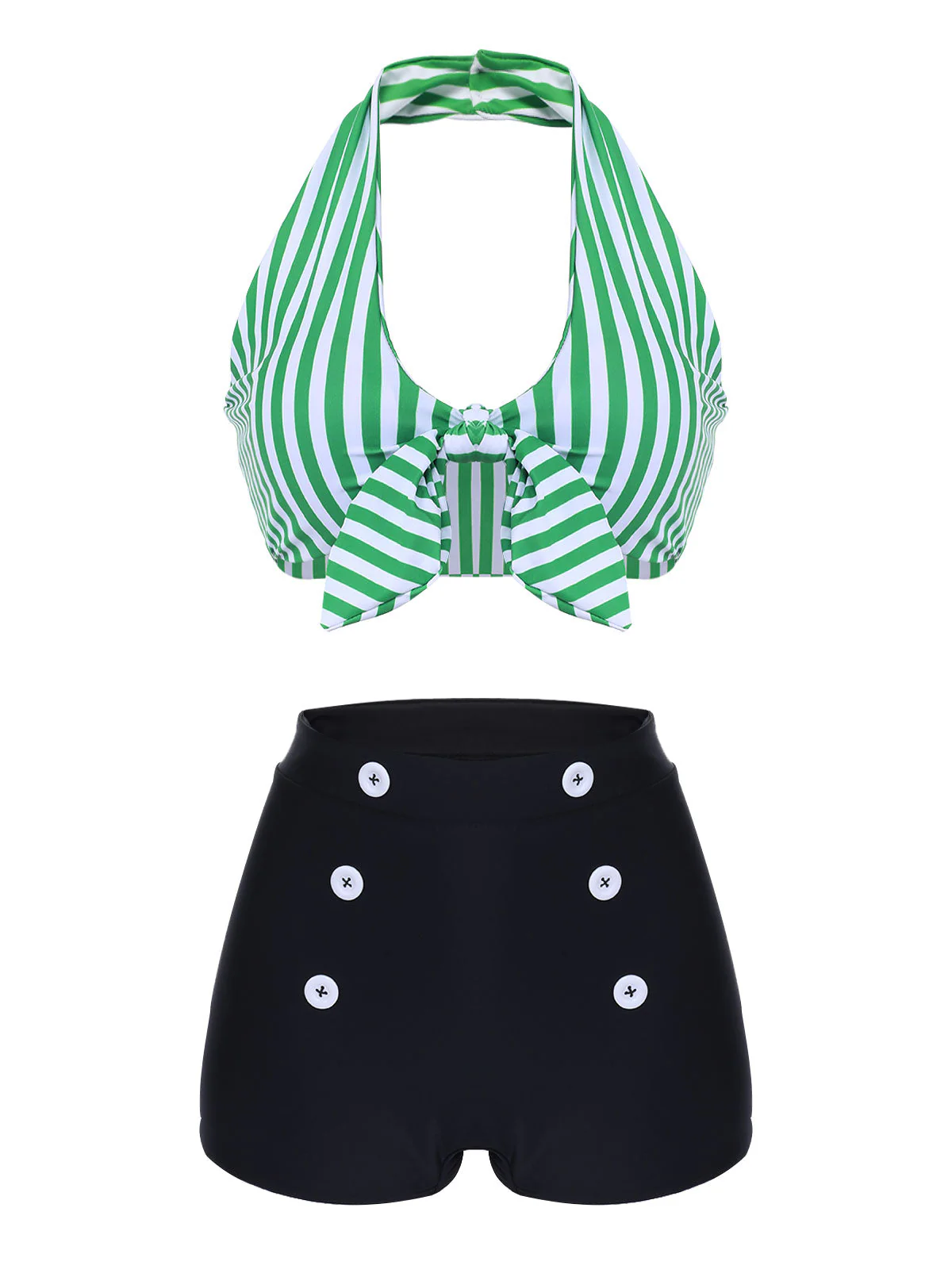Blue 1950s Retro Halter Stripes Bikini Set - Image 6