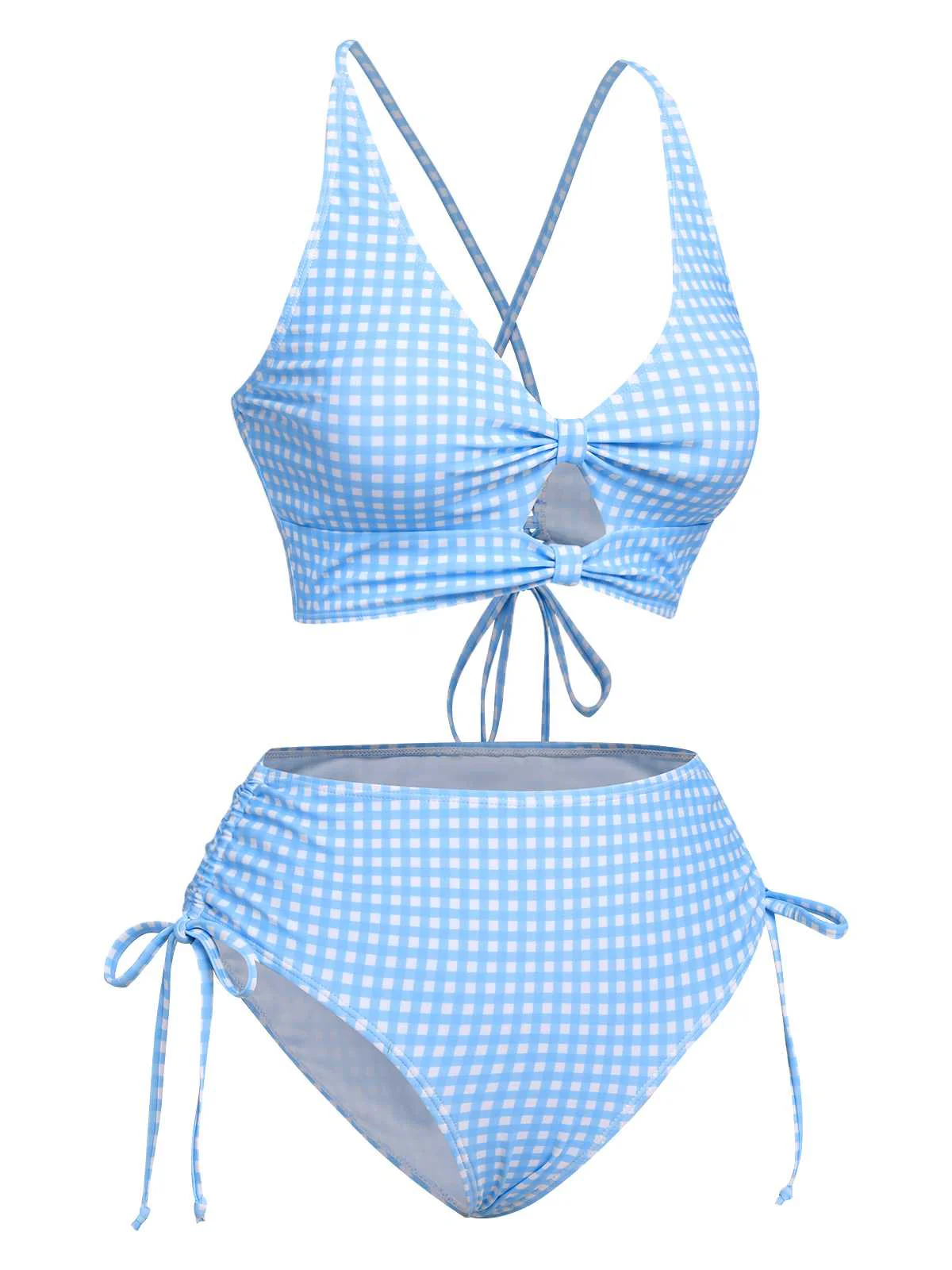 Blue 1950s Spaghetti Strap Plaids Swimsuit - Image 3