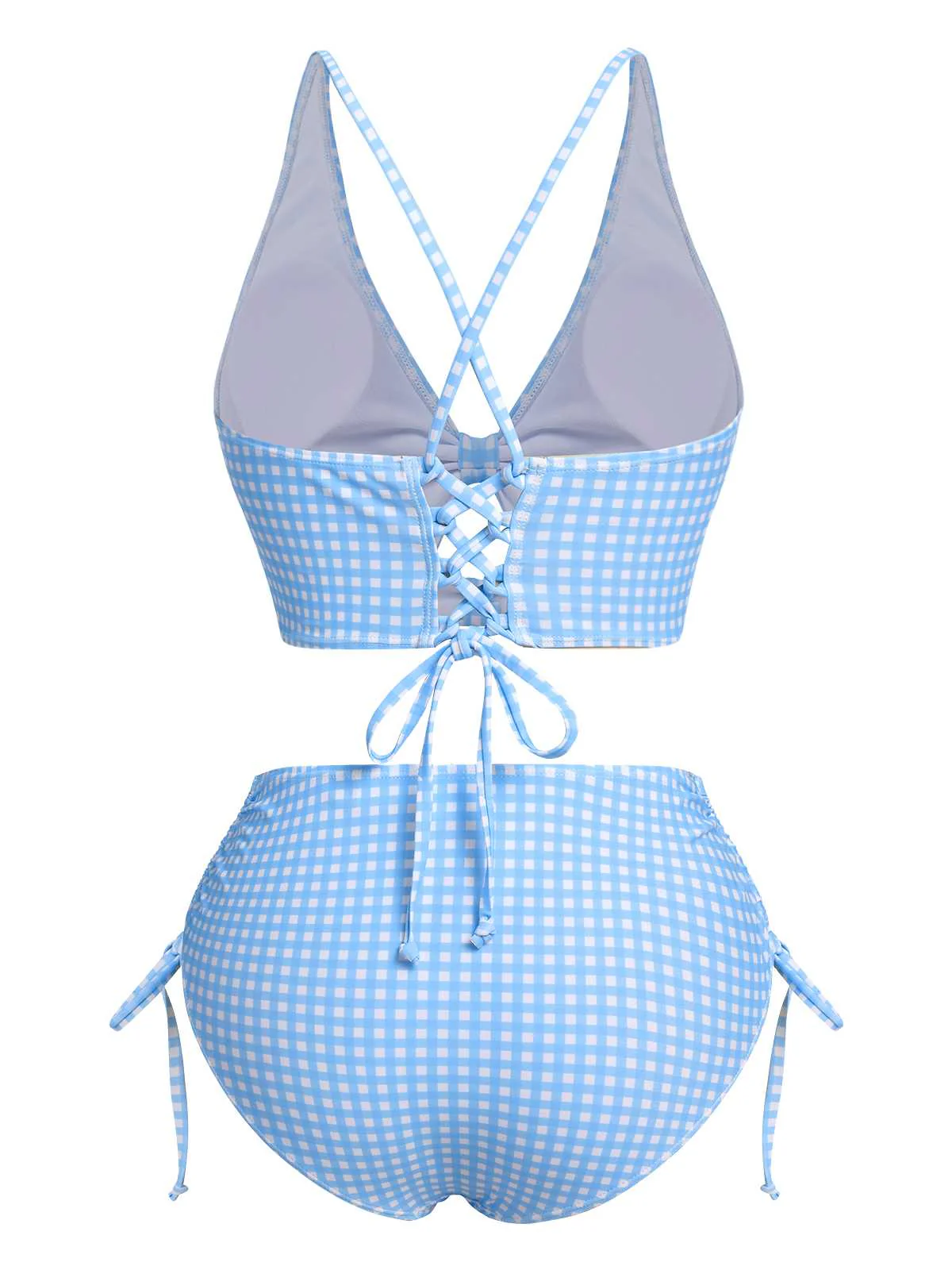 Blue 1950s Spaghetti Strap Plaids Swimsuit - Image 4