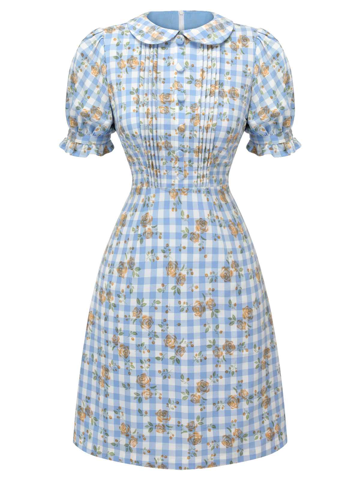 Blue 1960s Puff Sleeve Floral Plaid Dress - Image 2