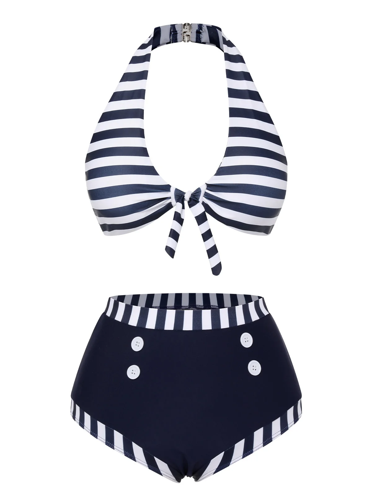 Dark Blue 1930s Stripes Halter Buttons Swimsuit - Image 2