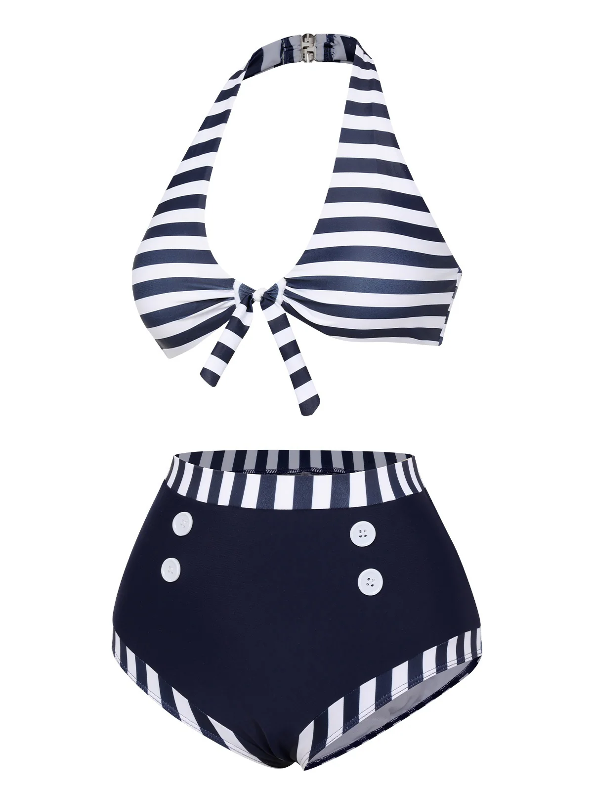 Dark Blue 1930s Stripes Halter Buttons Swimsuit - Image 3