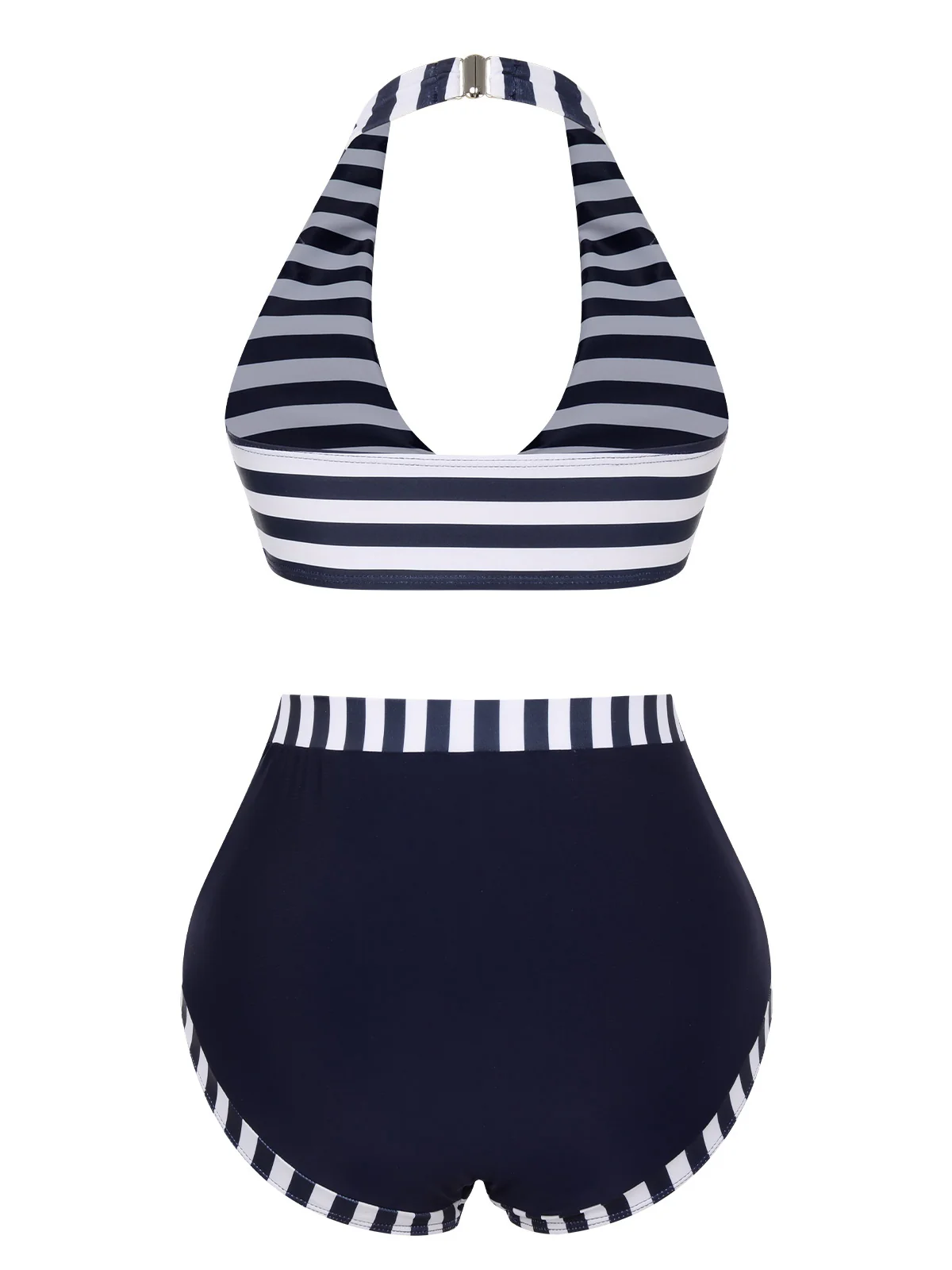 Dark Blue 1930s Stripes Halter Buttons Swimsuit - Image 4