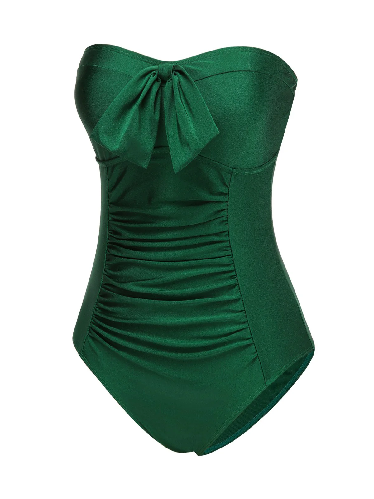 [US Warehouse] Dark Green 1970s Solid Pleated Bandeau Swimsuit - Image 3
