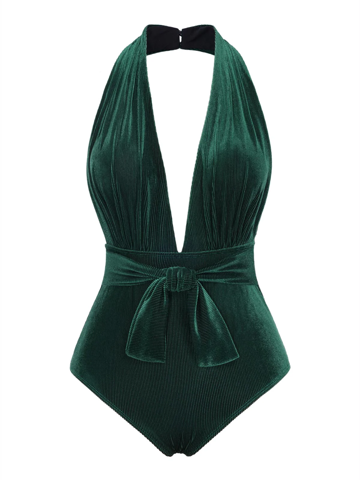Dark Green 1970s Velvet Deep V-Neck Swimsuit - Image 3