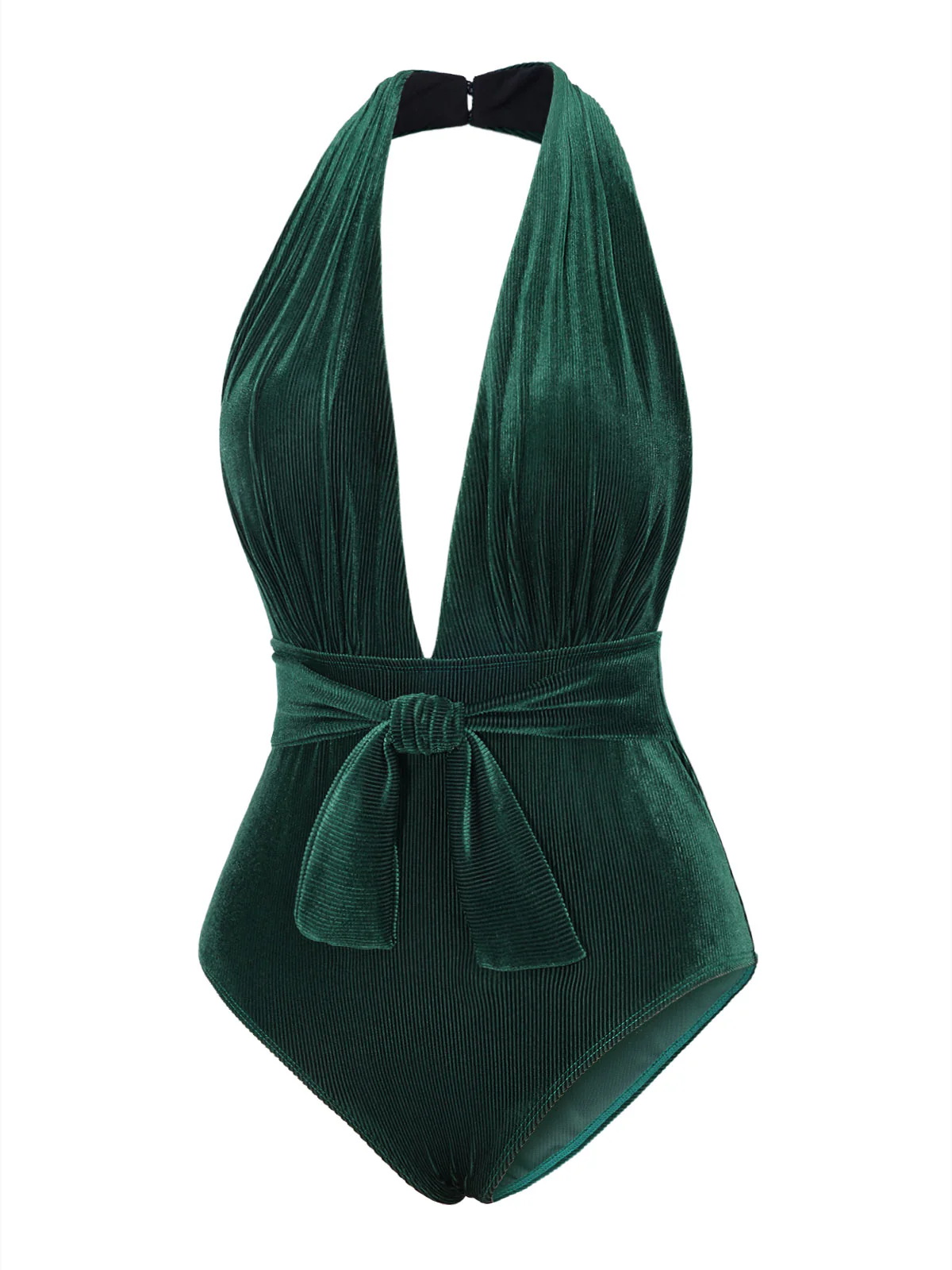 Dark Green 1970s Velvet Deep V-Neck Swimsuit - Image 4