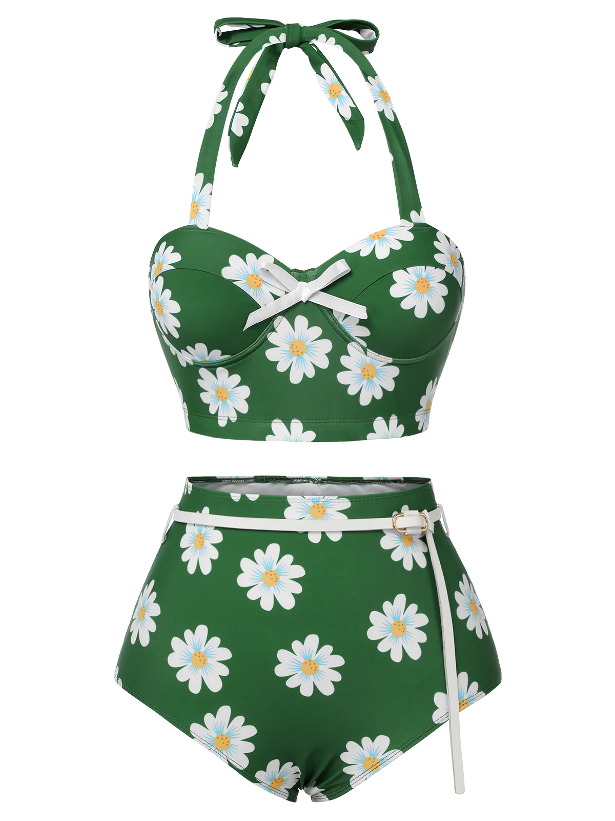 [US Warehouse] Green 1930s Daisy Halter Swimsuit - Image 2