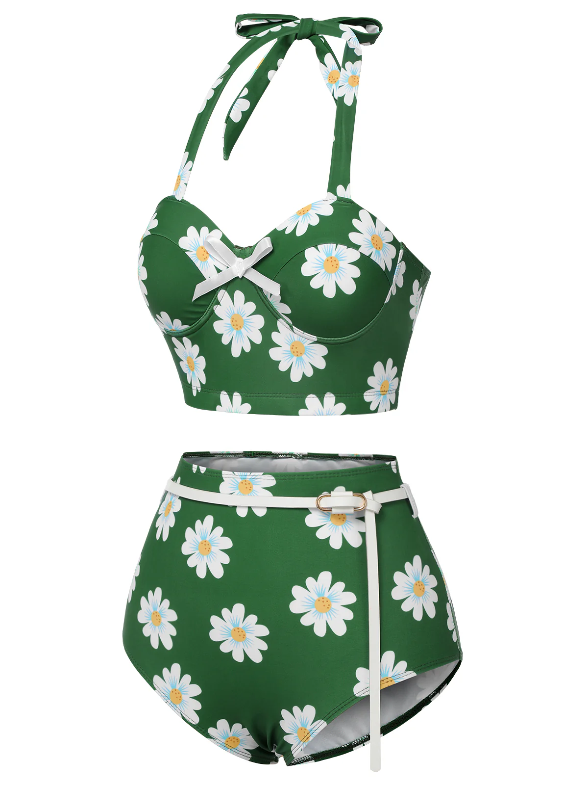 [US Warehouse] Green 1930s Daisy Halter Swimsuit - Image 3