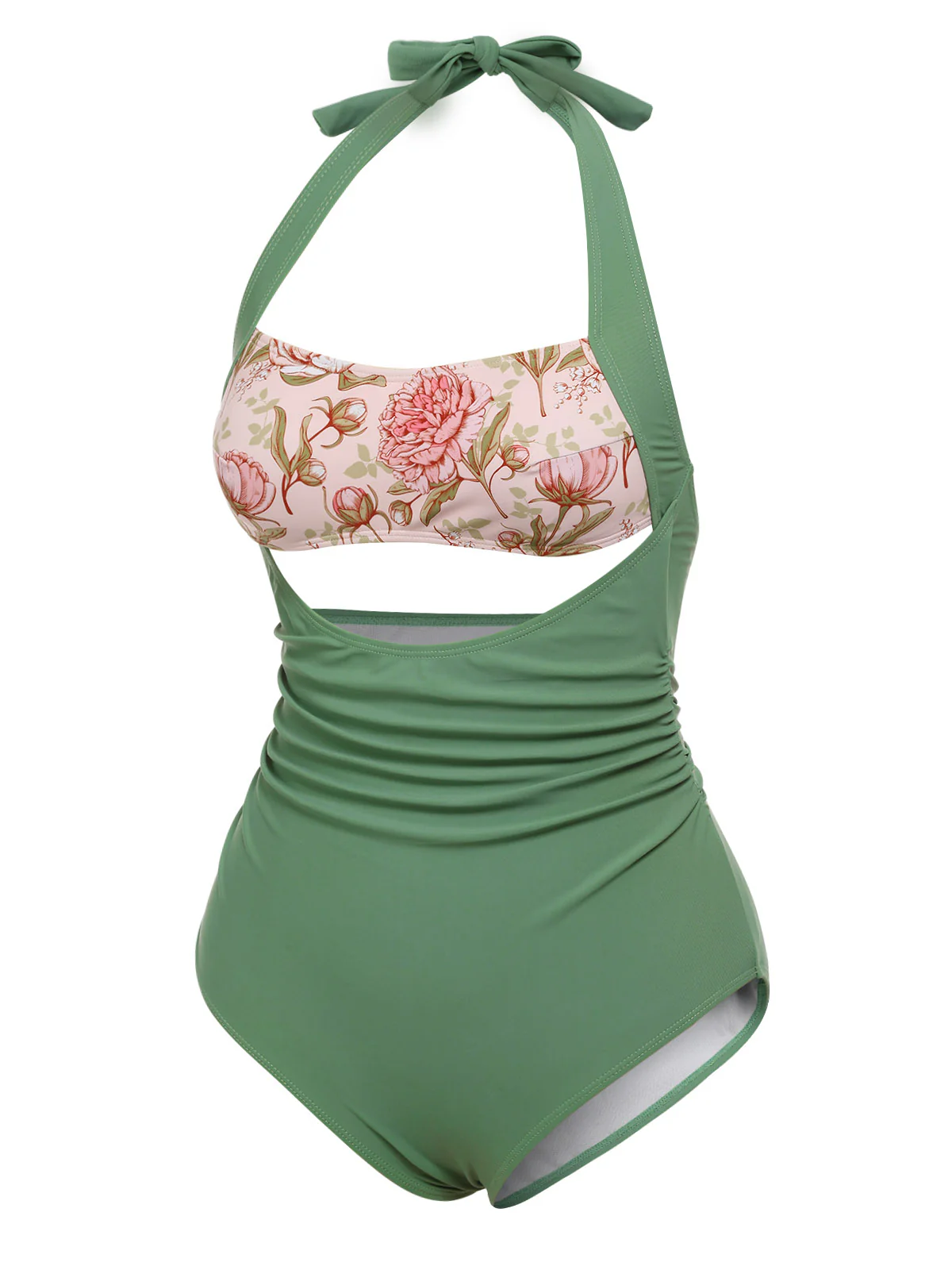 Green 1930s Peony Halter One-Piece Swimsuit - Image 3