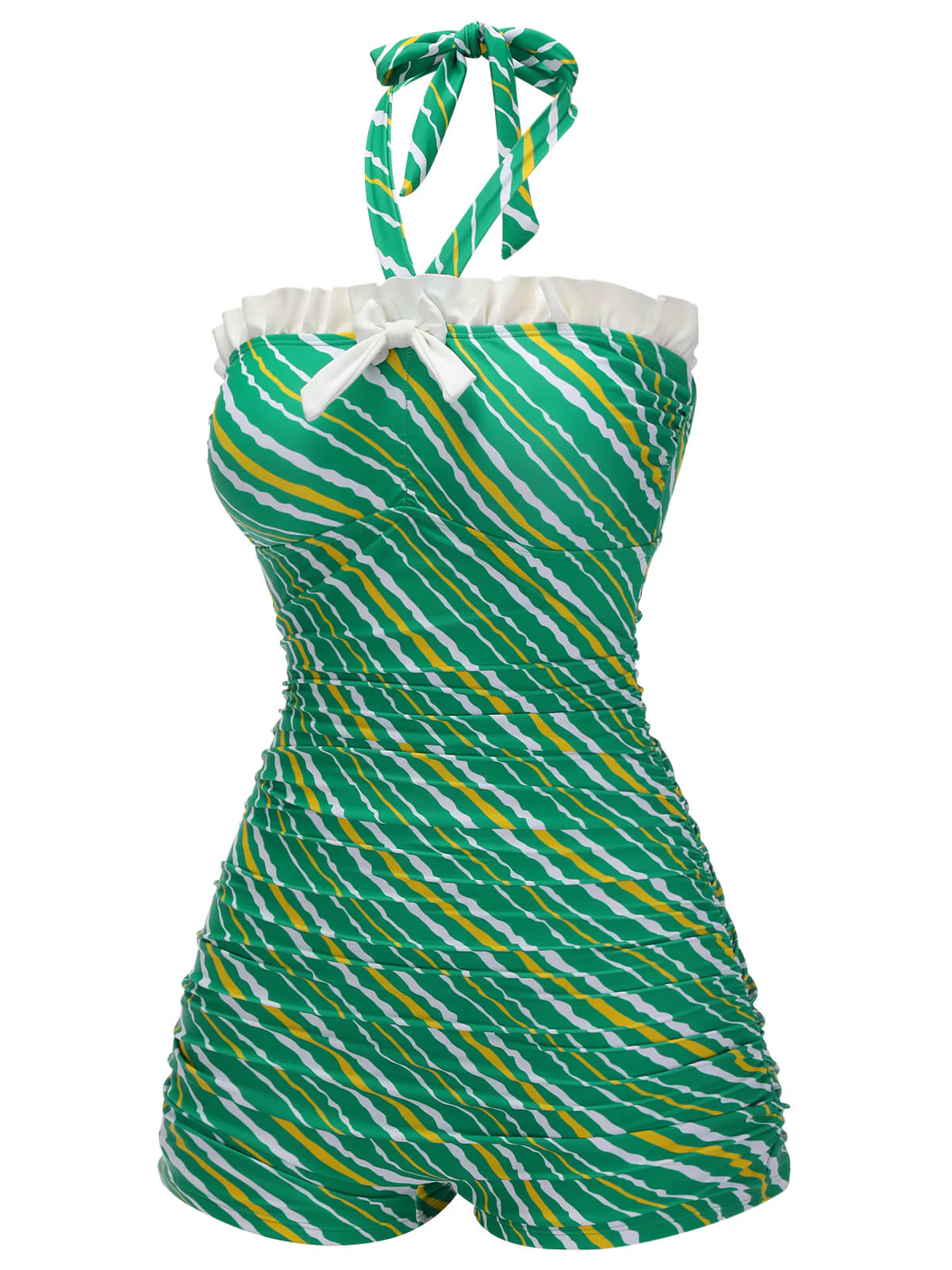 Green 1930s Stripe Off-Shoulder Halter Swimsuit - Image 3