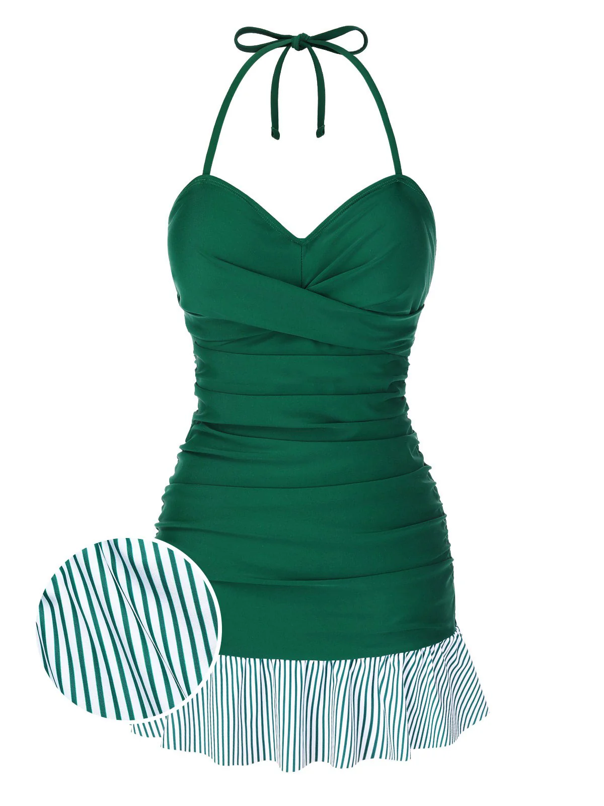 [US Warehouse] Green 1930s Striped Ruffles Ruched Halter Swimsuit - Image 2