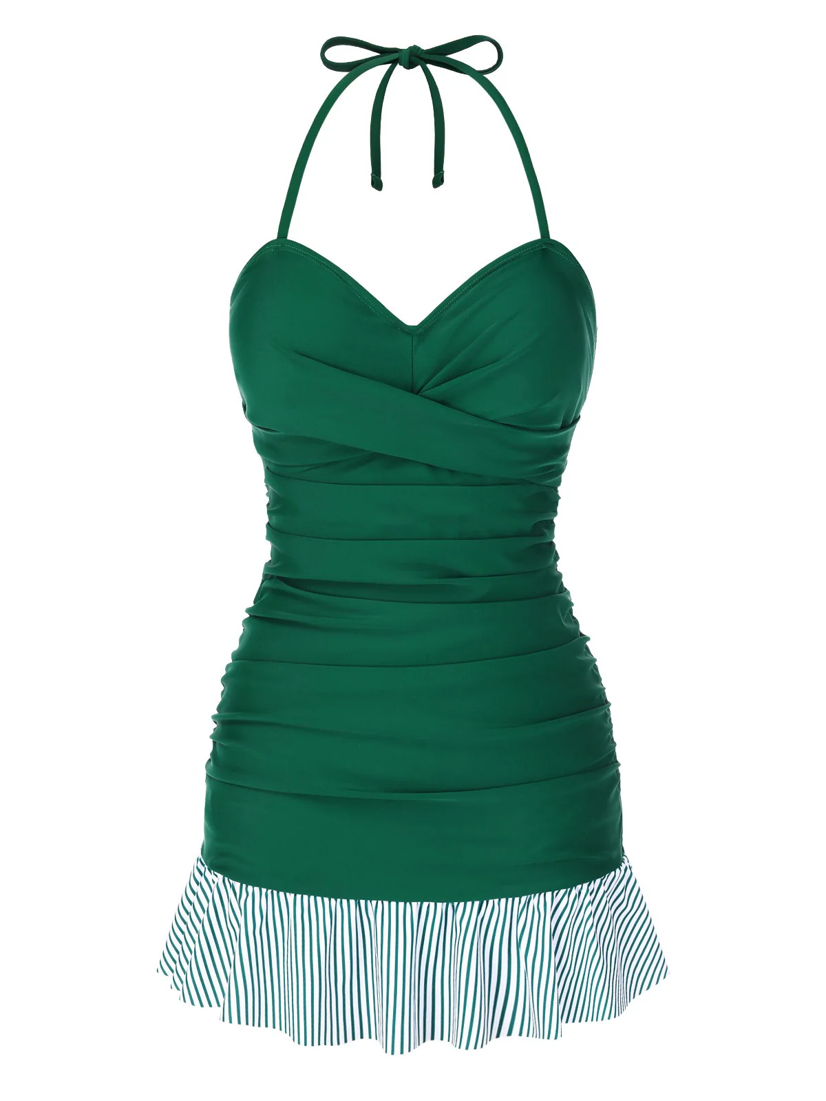 [US Warehouse] Green 1930s Striped Ruffles Ruched Halter Swimsuit - Image 3