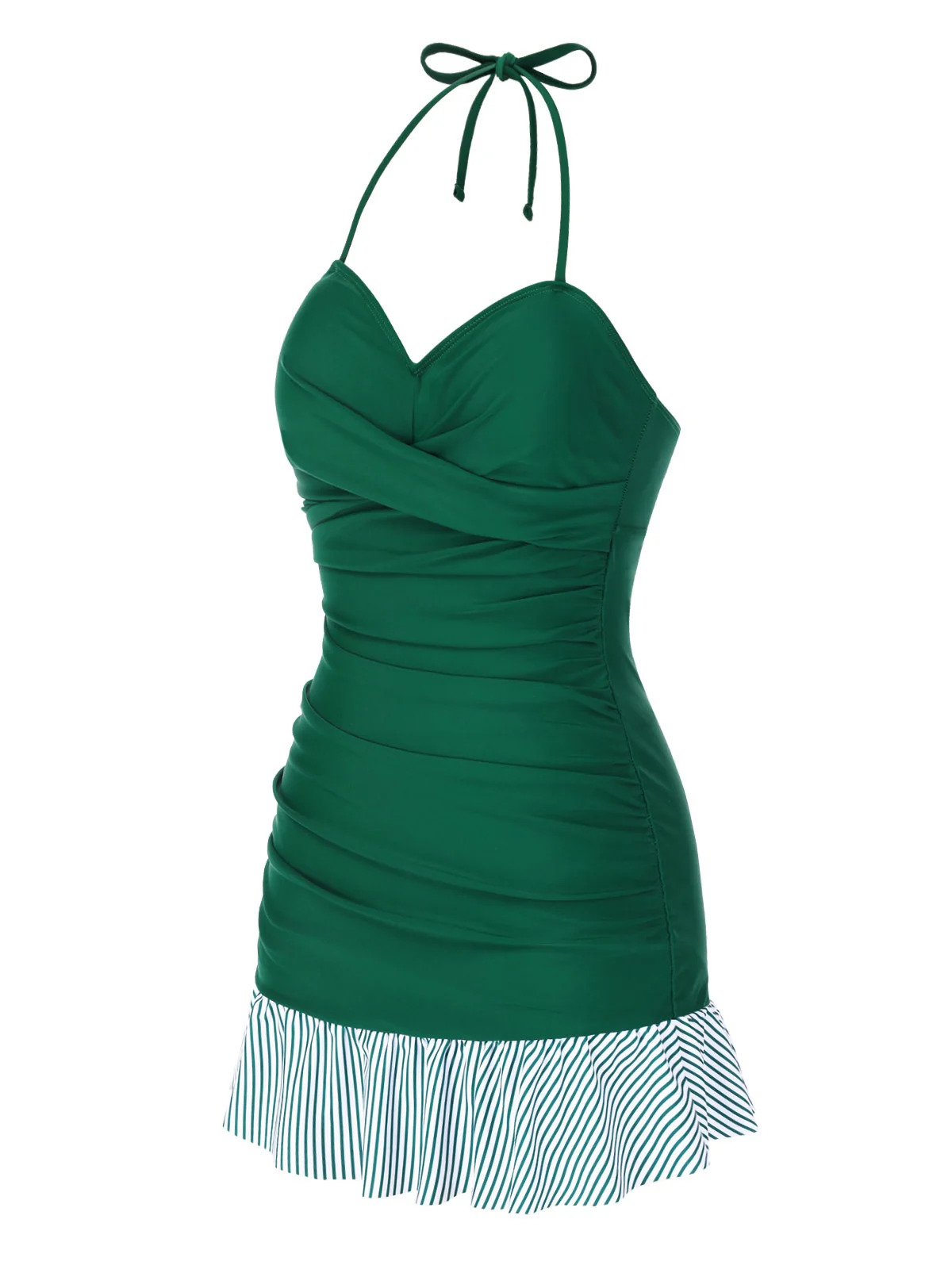 [US Warehouse] Green 1930s Striped Ruffles Ruched Halter Swimsuit - Image 4