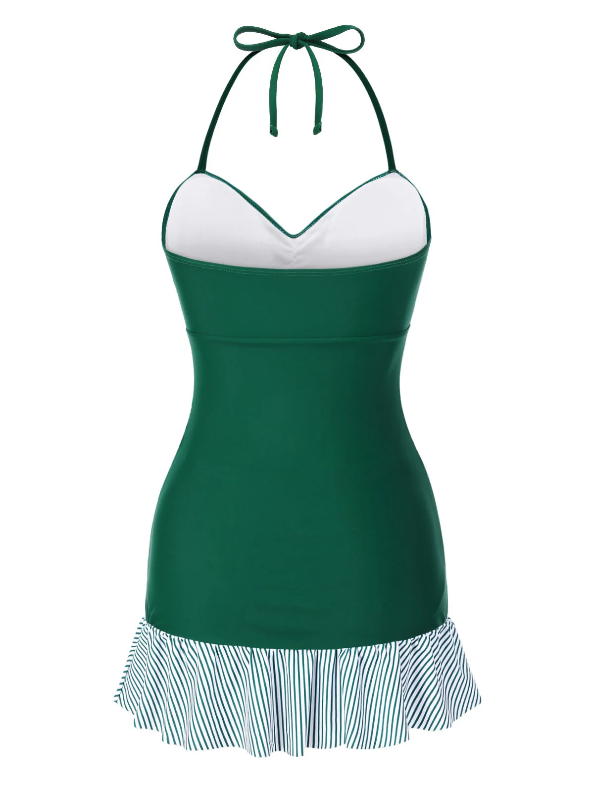 [US Warehouse] Green 1930s Striped Ruffles Ruched Halter Swimsuit - Image 5