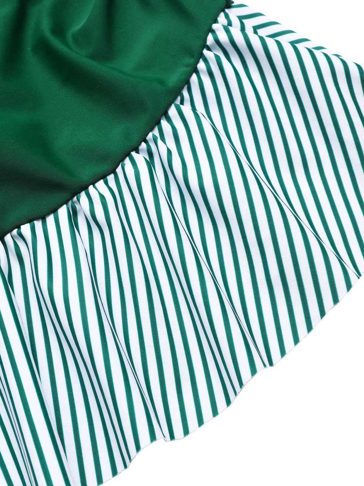 [US Warehouse] Green 1930s Striped Ruffles Ruched Halter Swimsuit - Image 7