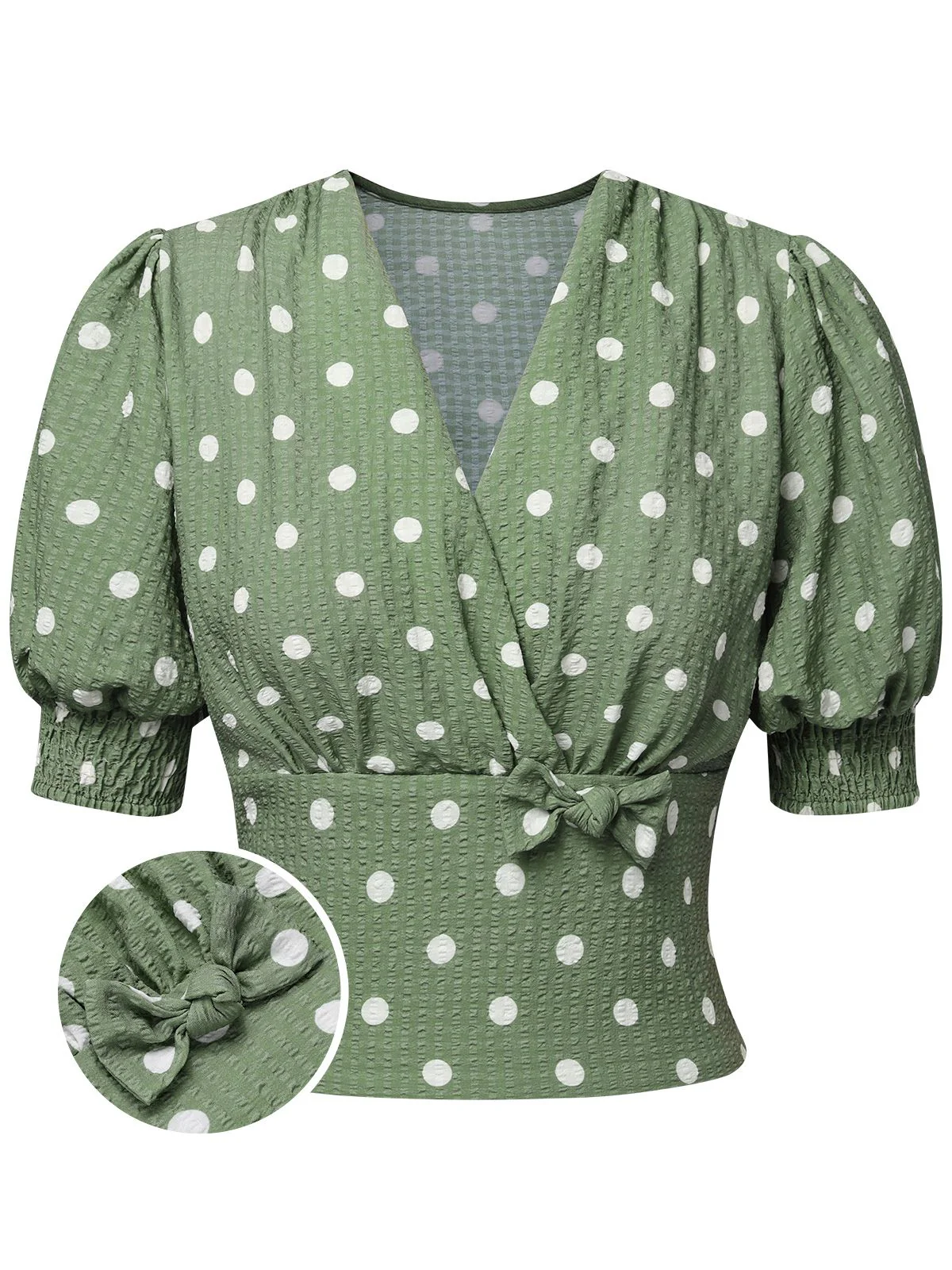 Beige 1940s Dots Bowknot V-Neck Blouse - Image 8