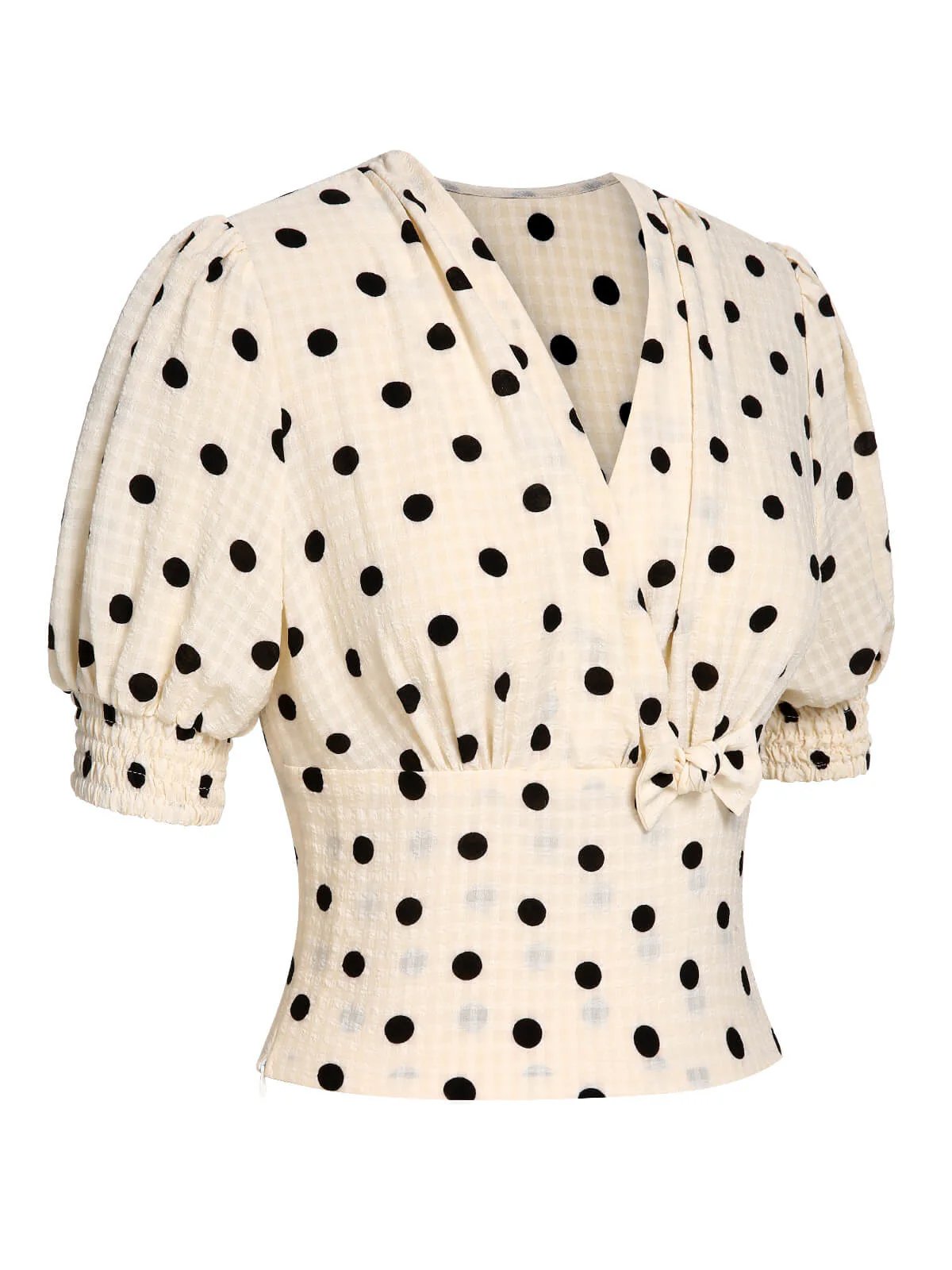 Beige 1940s Dots Bowknot V-Neck Blouse - Image 3
