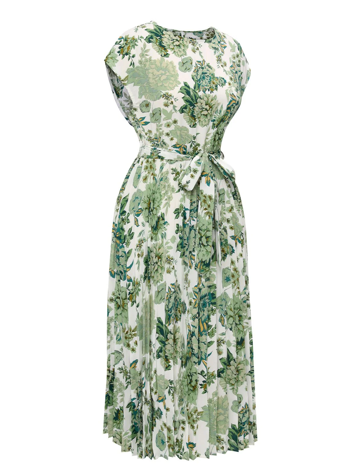 Green 1940s Floral Tie Belt Dress - Image 2