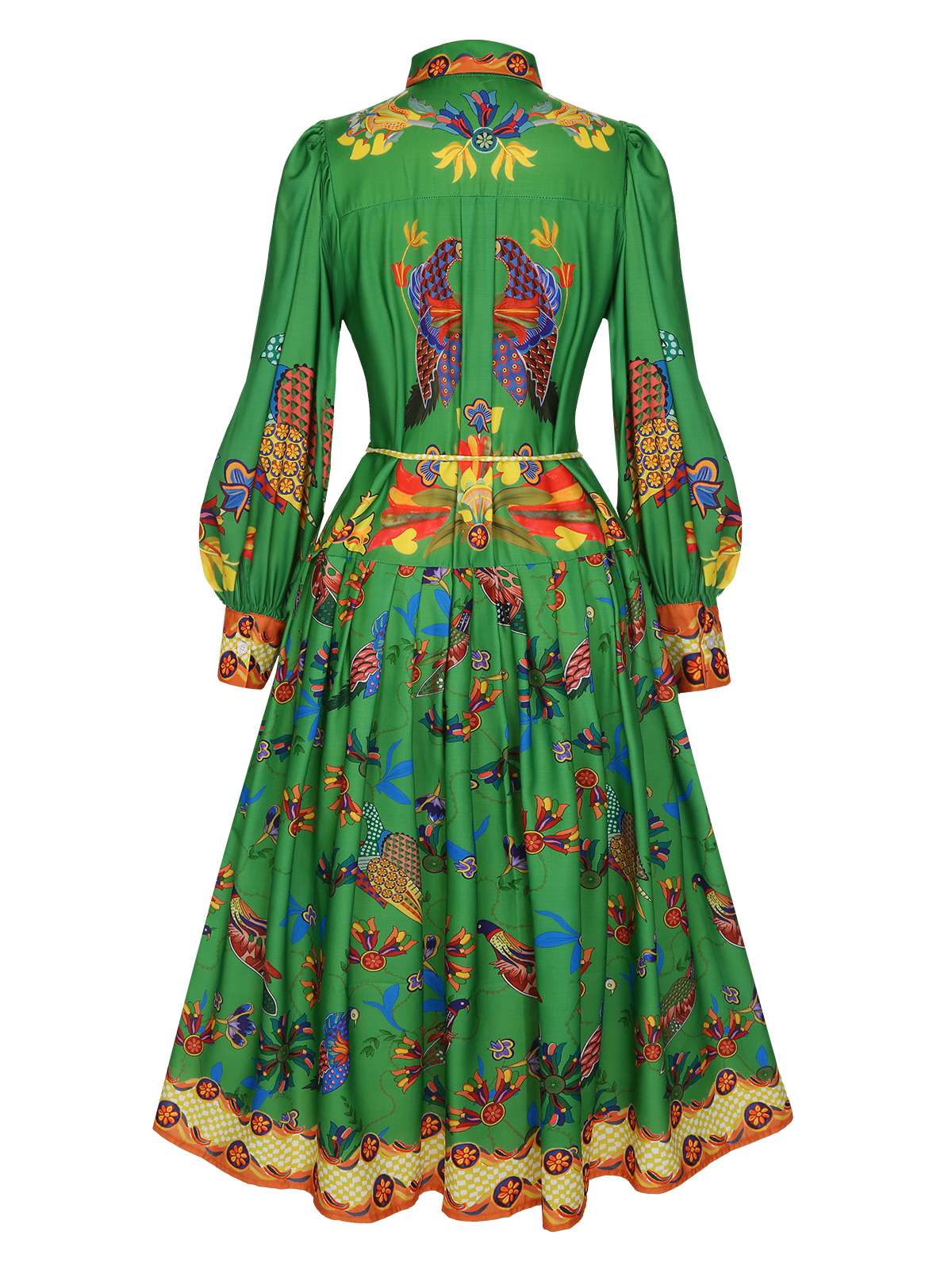 [US Warehouse] Green 1940s Peacock Lantern Sleeve Shirt Dress - Image 2