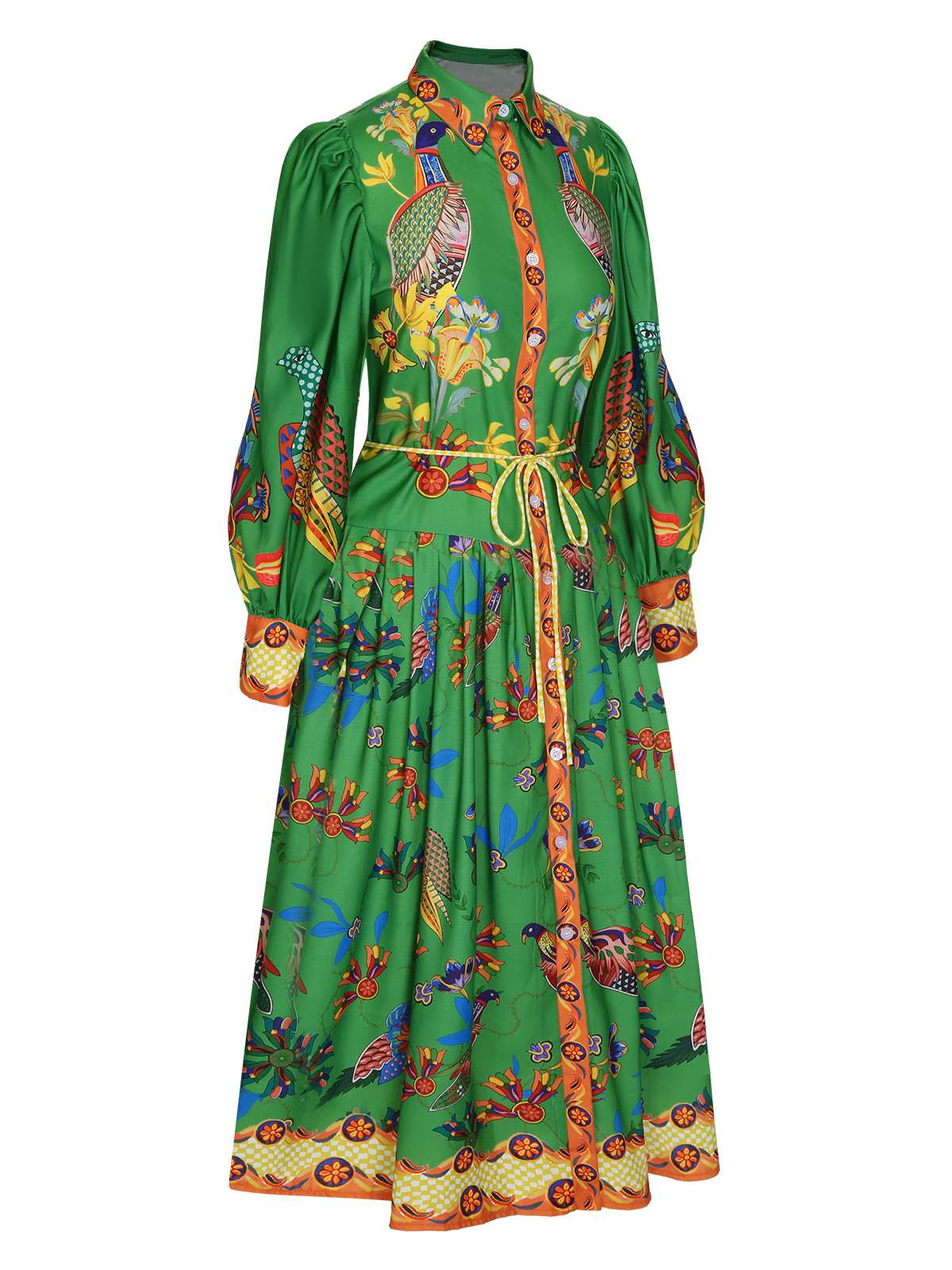 [US Warehouse] Green 1940s Peacock Lantern Sleeve Shirt Dress - Image 3