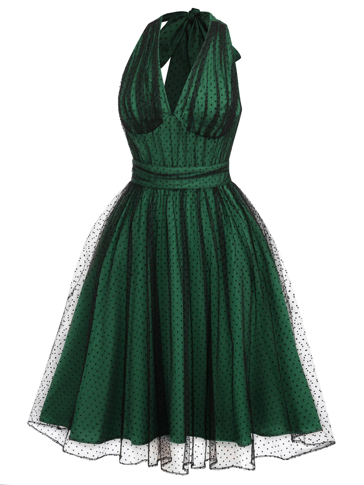 Green 1950s Halter Polka Dots Mesh Dress - Image 3