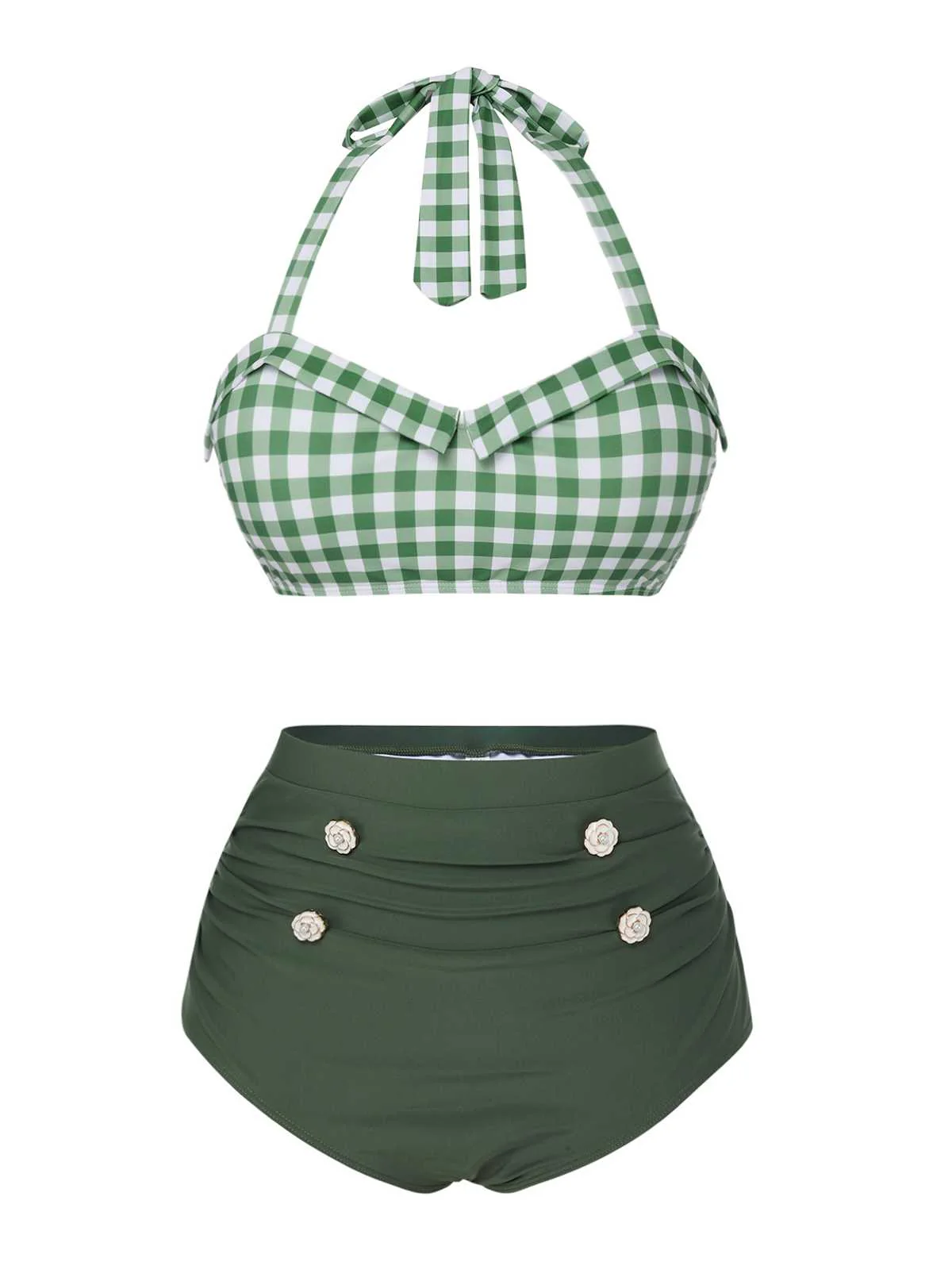 Green Gray 1940s Halter Plaids Swimsuit - Image 2