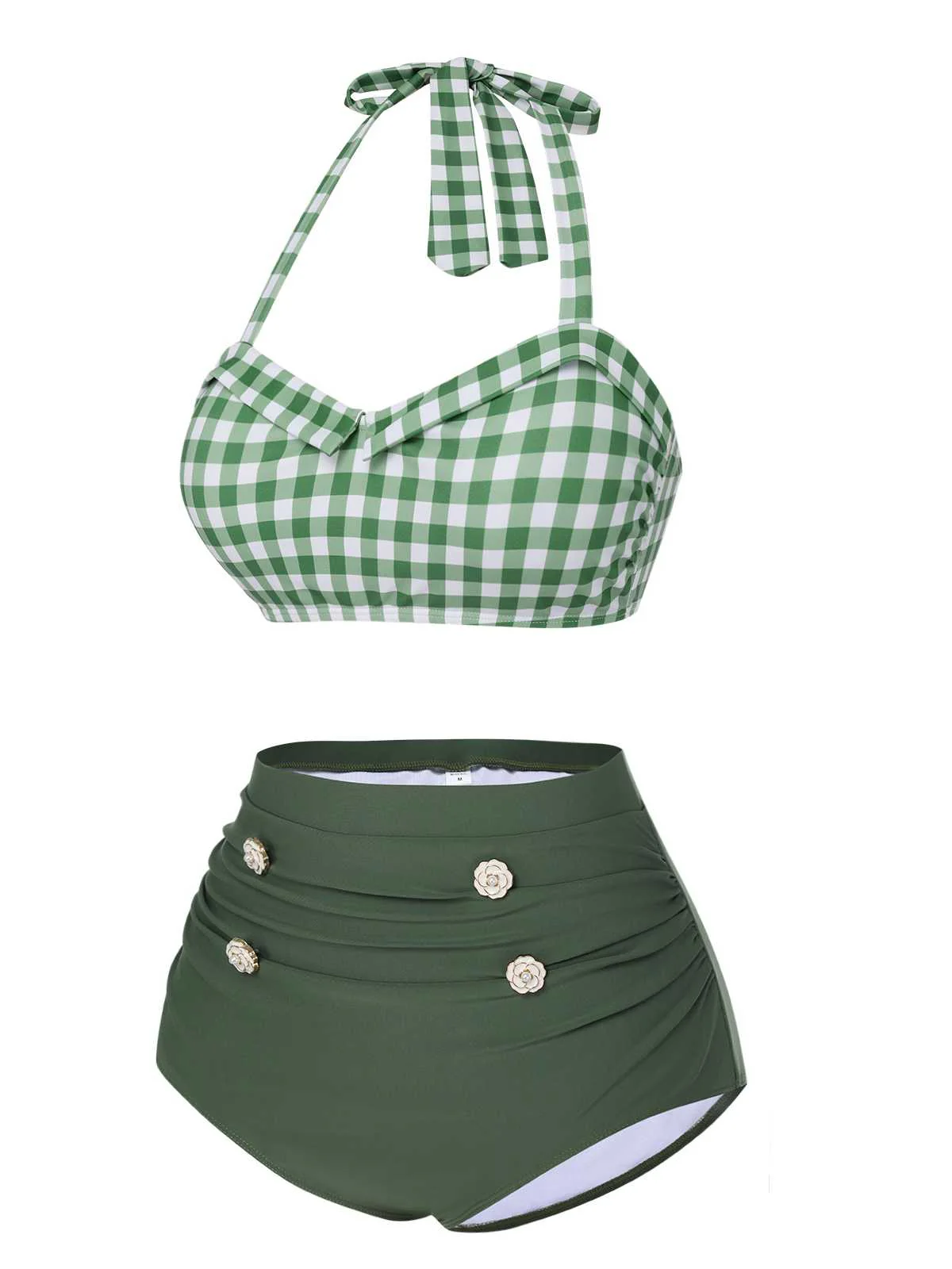 Green Gray 1940s Halter Plaids Swimsuit - Image 3