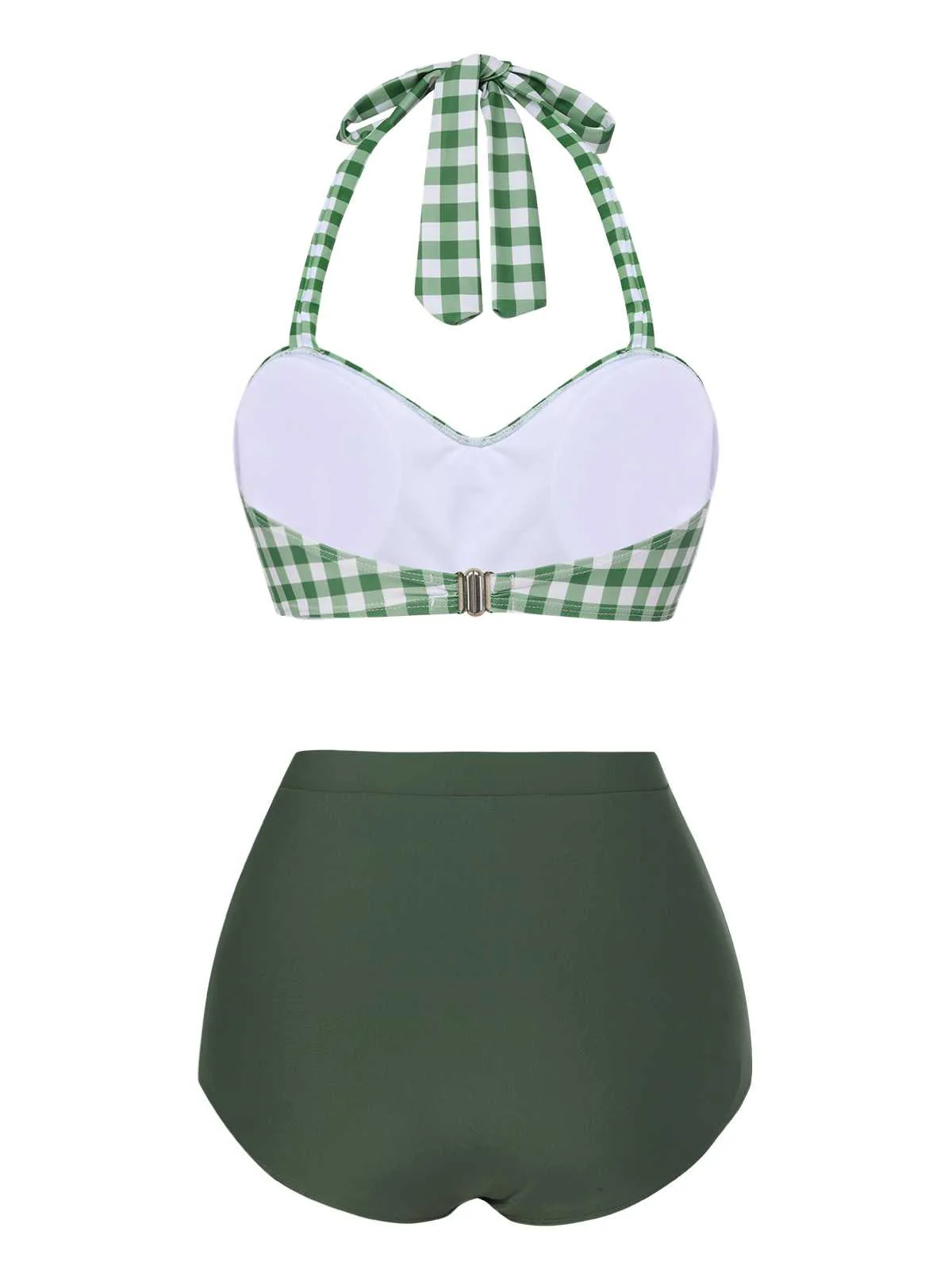 Green Gray 1940s Halter Plaids Swimsuit - Image 4