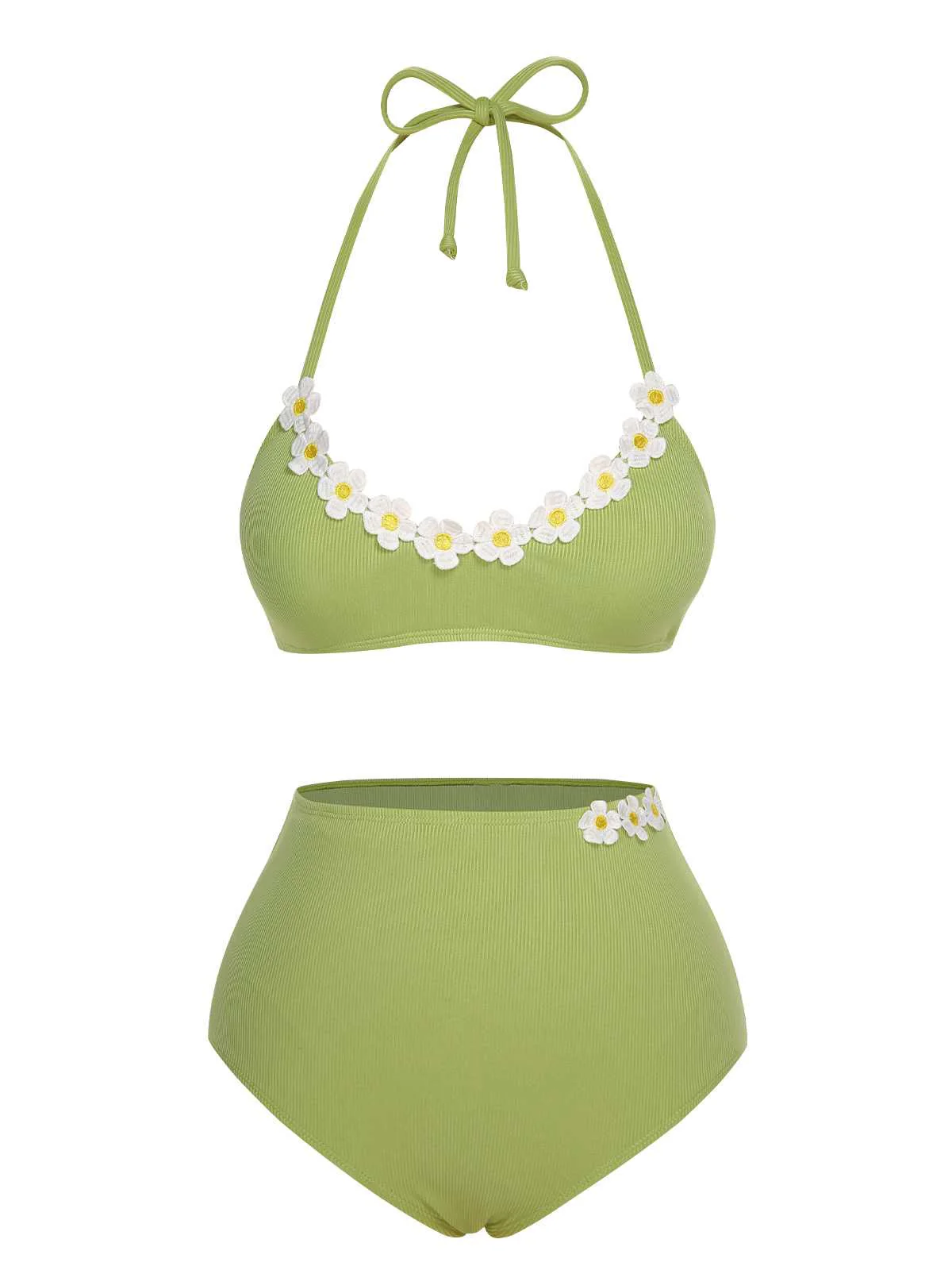 [US Warehouse] Light Green 1960s Halter Knit Daisy Swimsuit - Image 2